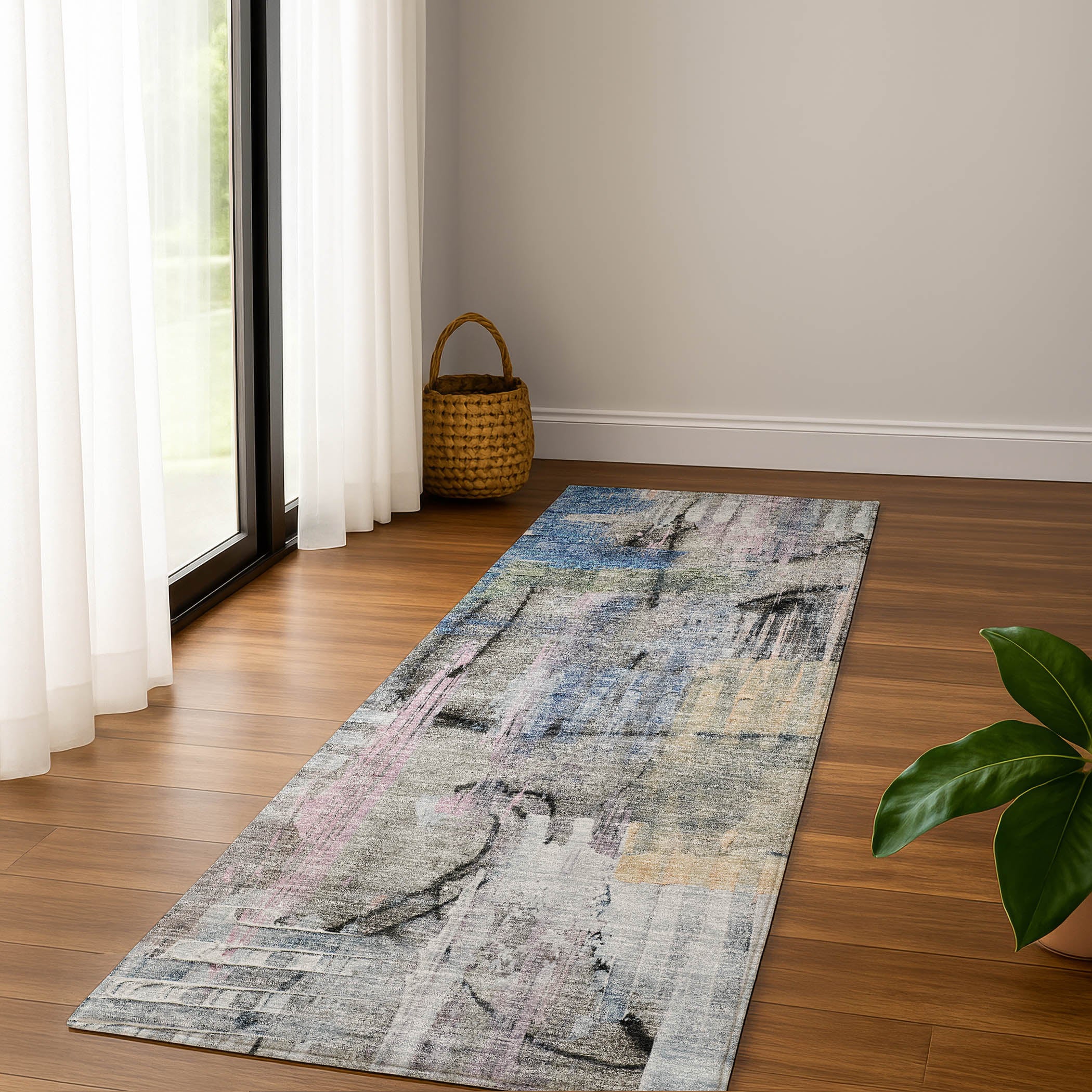 Hoi An Machine Washable Transitional Blue Rug 2'3" x 7'6" #shape_Runner