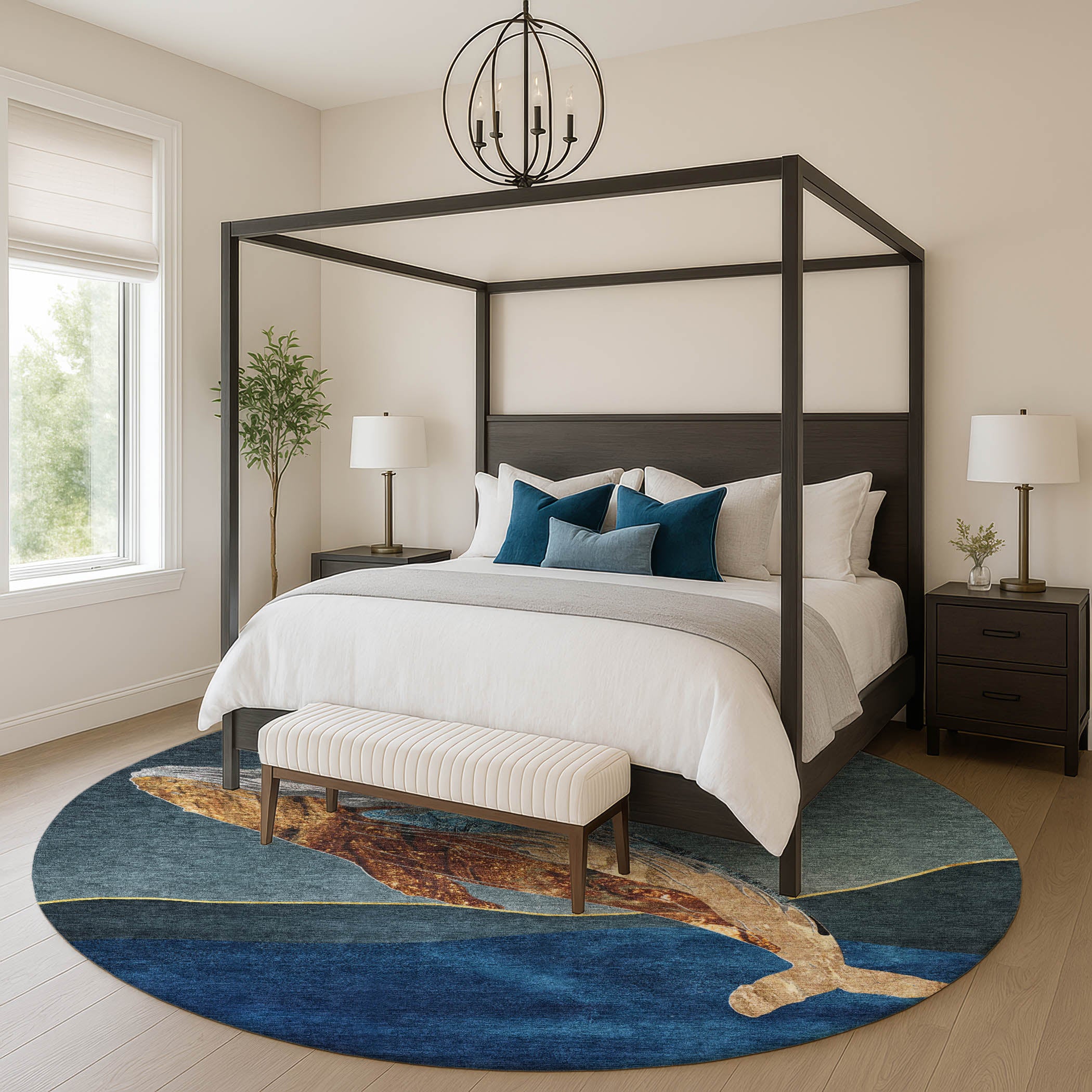 Valletta Machine Washable Transitional Blue Rug 8' x 8' #shape_Round