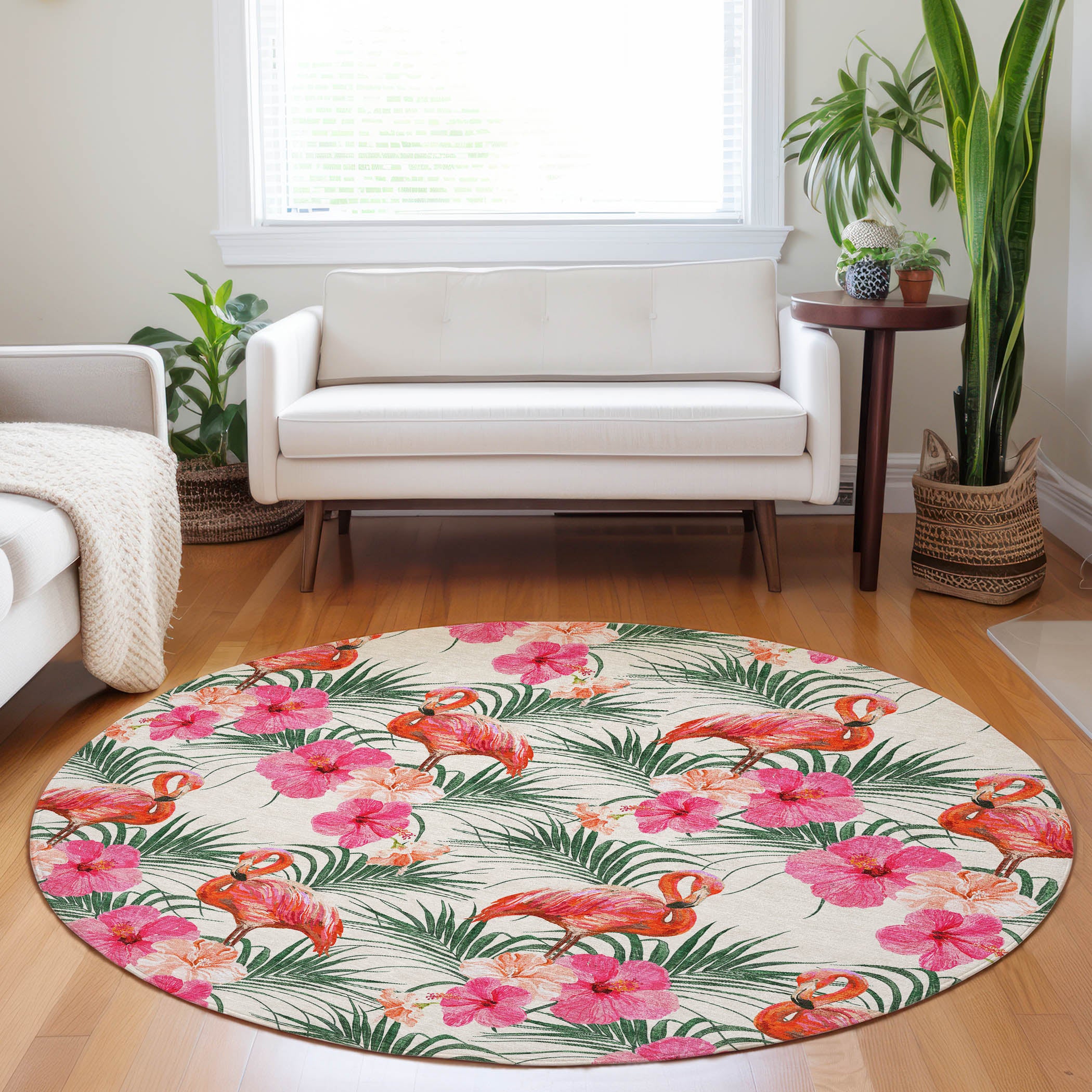 Lucerne Machine Washable Tropical Pink Ivory Rug 8' x 8' #shape_Round