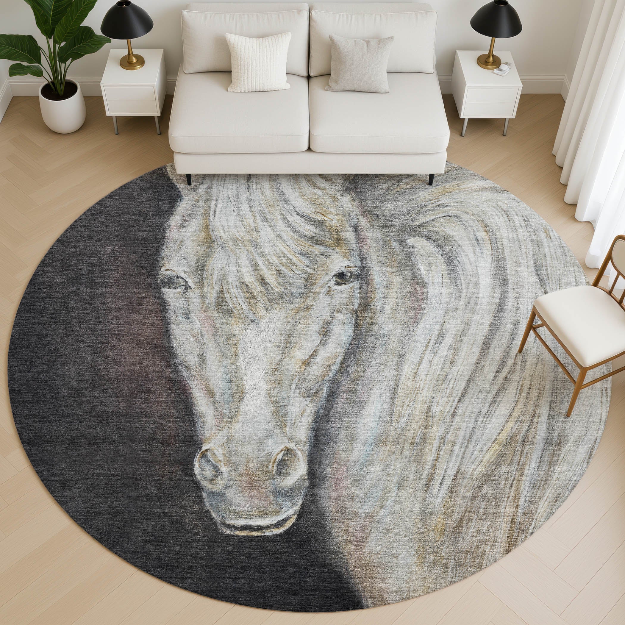 Bangkok Machine Washable Transitional Ivory Rug 8' x 8' #shape_Round