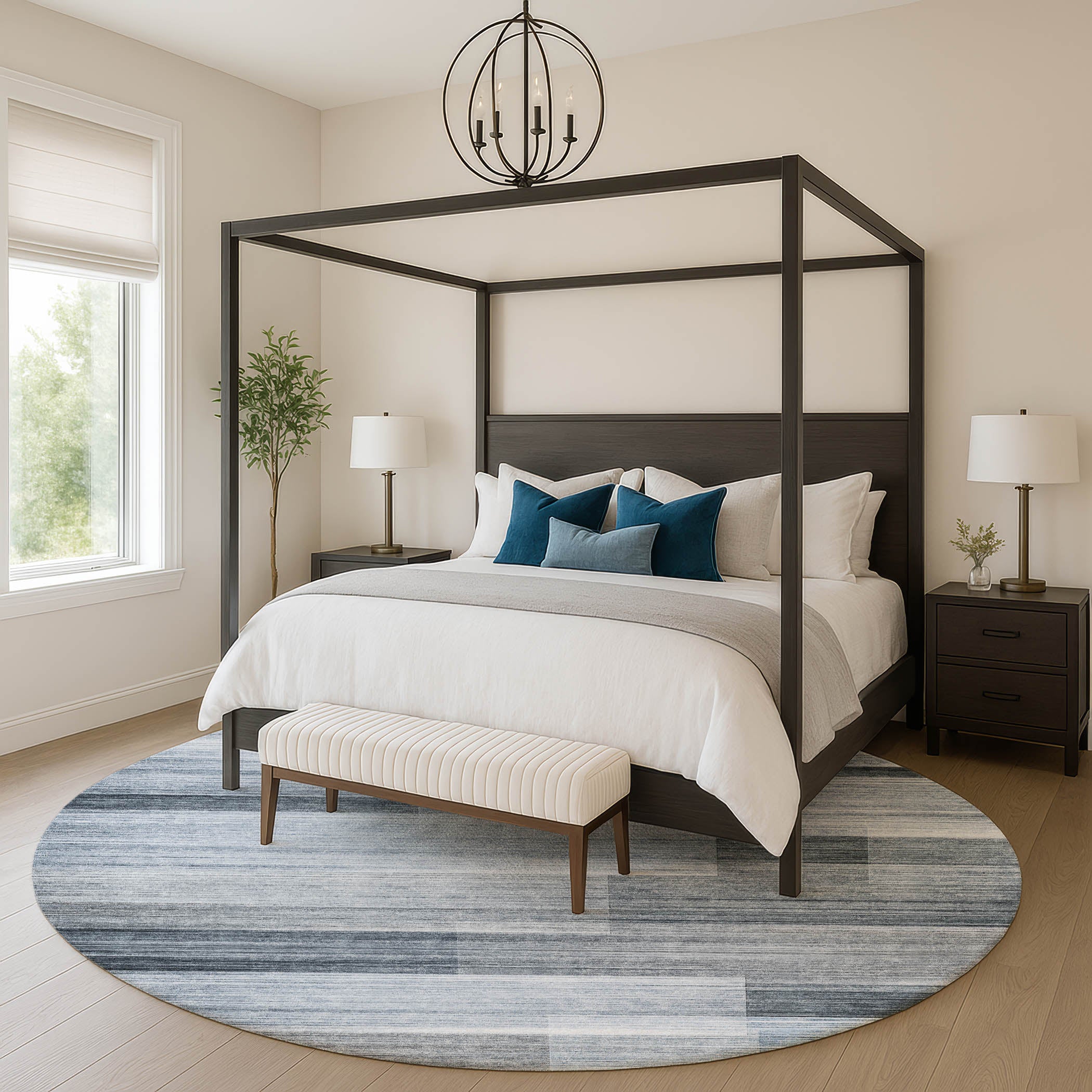Prague Machine Washable Transitional Denim Blue Rug 8' x 8' #shape_Round