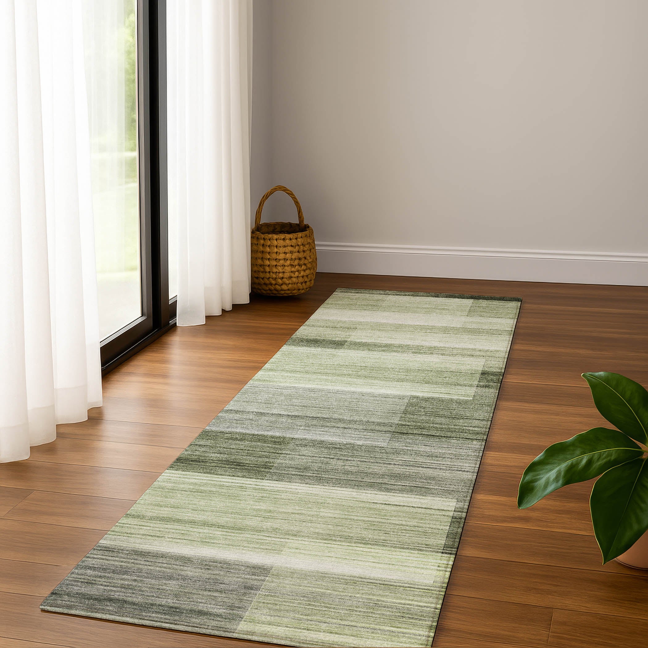 Prague Machine Washable Transitional Green Rug 2'3" x 7'6" #shape_Runner
