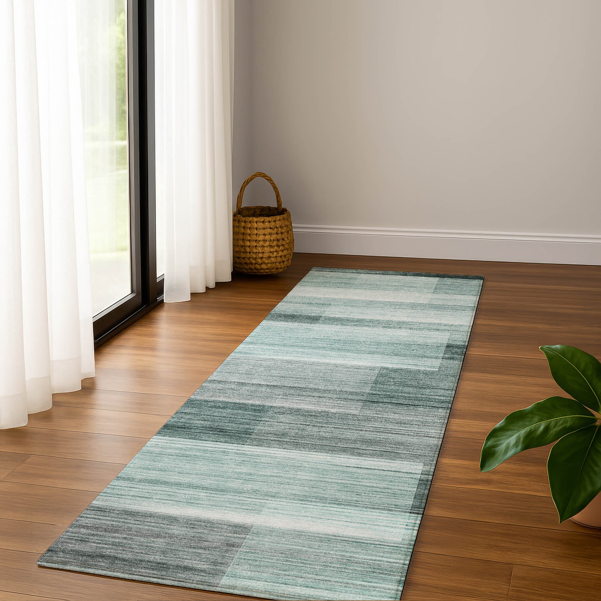 Prague Machine Washable Transitional Teal Rug 2'3" x 7'6" #shape_Runner