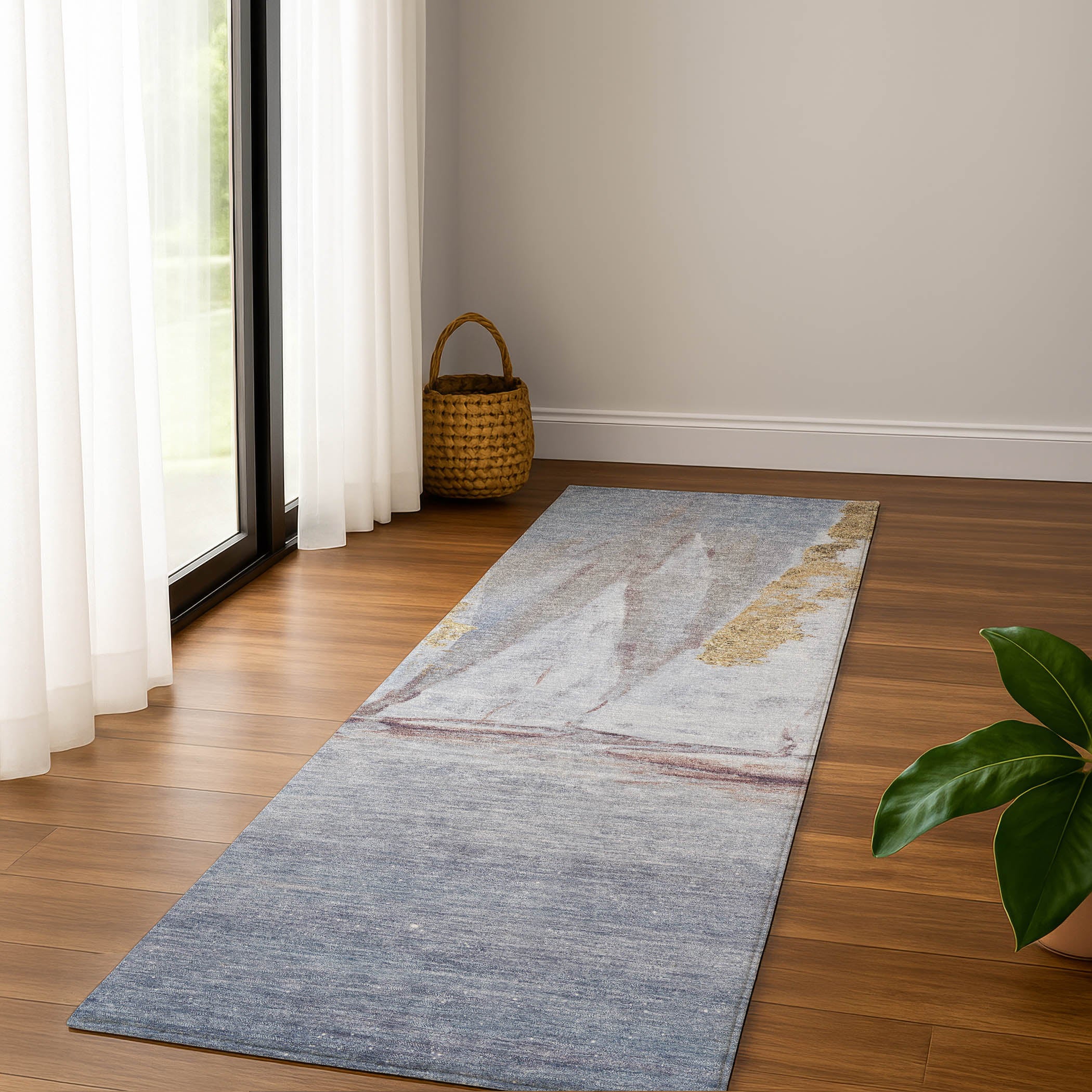 Cairo Machine Washable Transitional Blue Rug 2'3" x 7'6" #shape_Runner