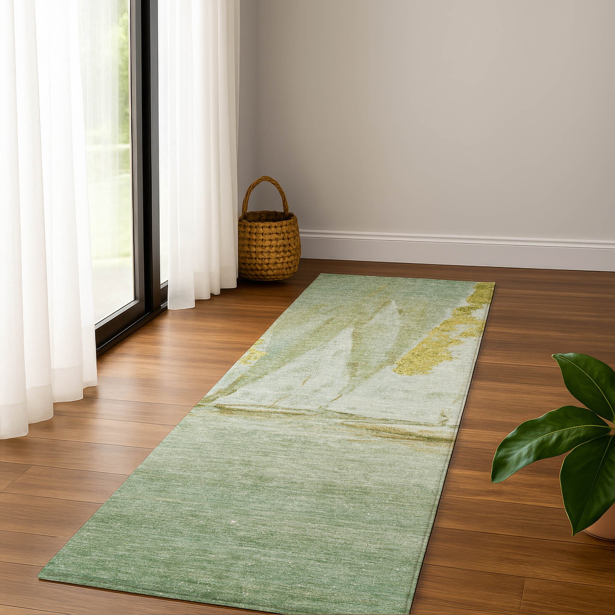 Cairo Machine Washable Transitional Green Rug 2'3" x 7'6" #shape_Runner