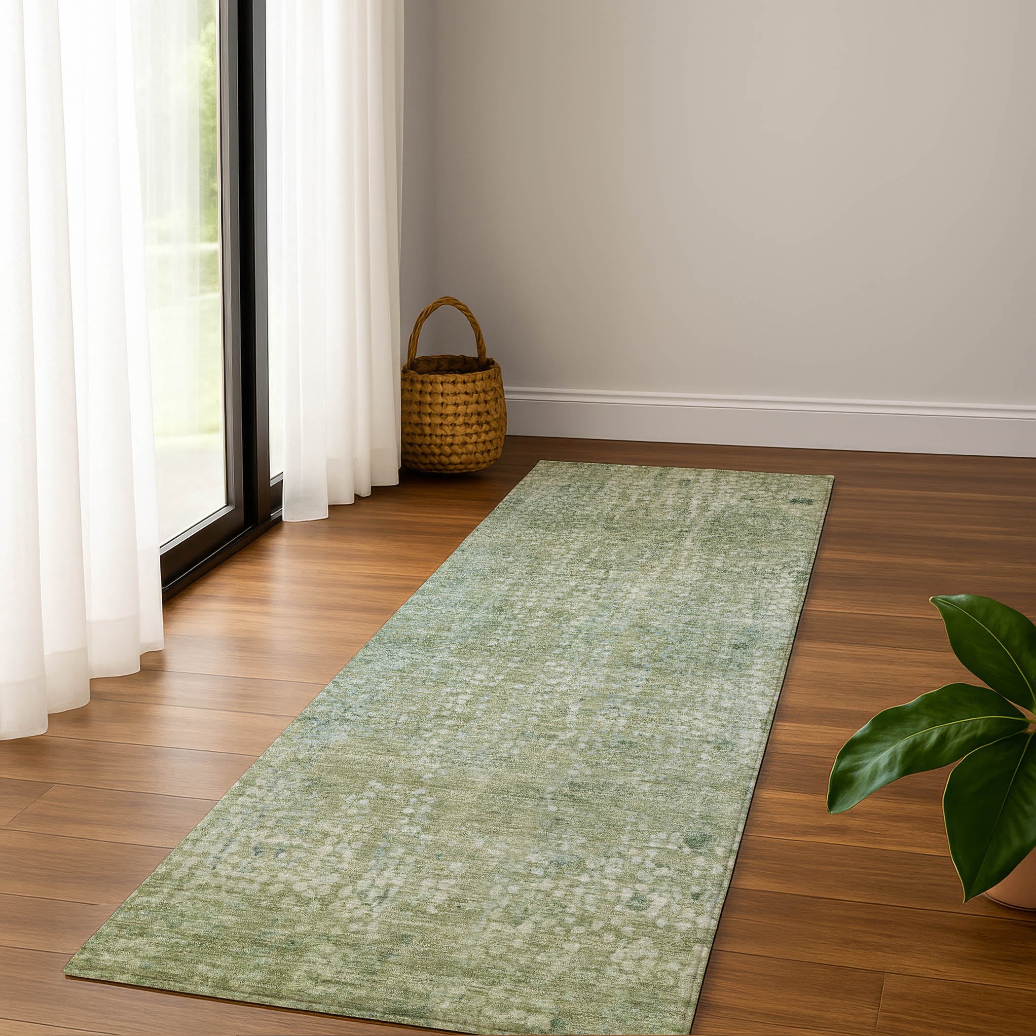 Baku Machine Washable Transitional Green Rug 2'3" x 7'6" #shape_Runner