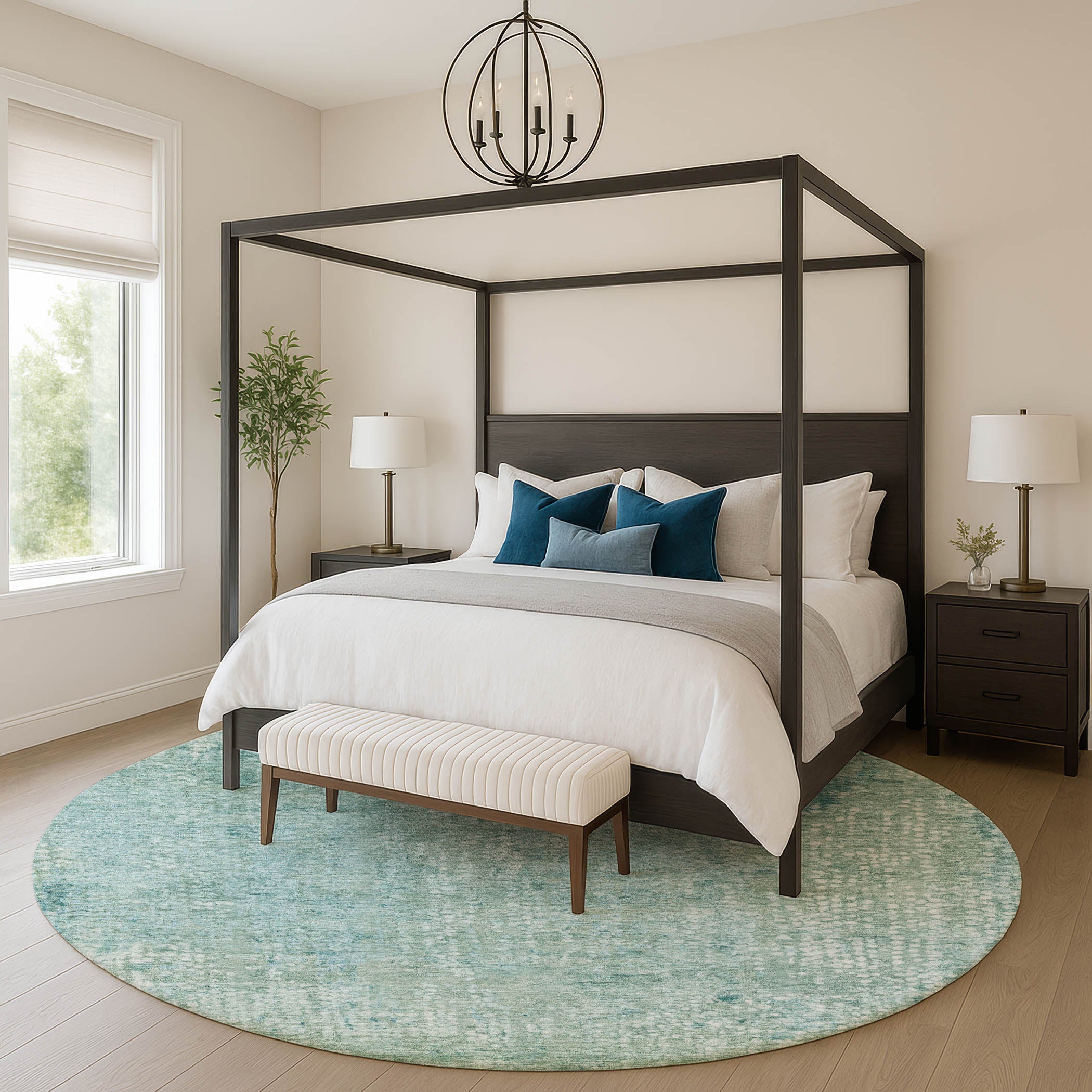 Baku Machine Washable Transitional Teal Rug 8' x 8' #shape_Round