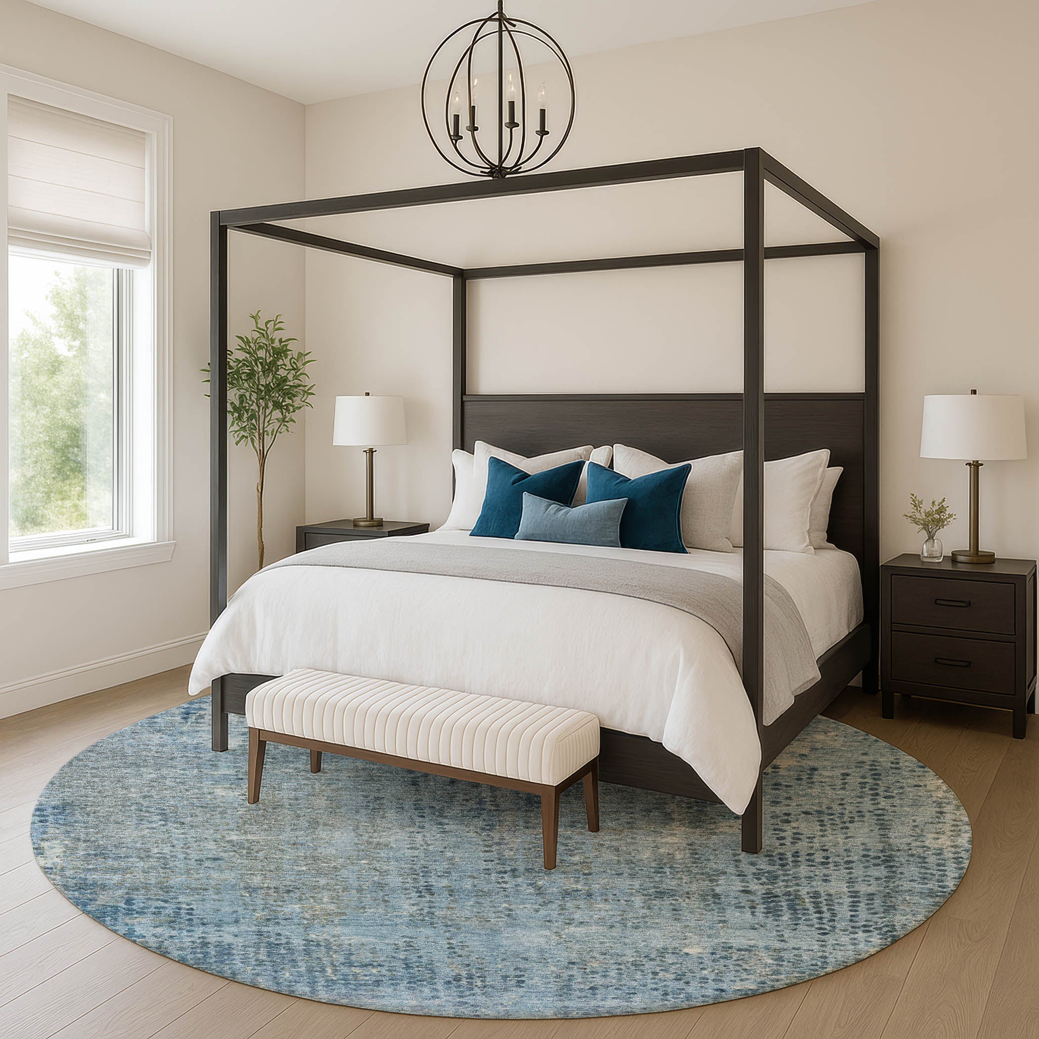 Prague Machine Washable Transitional Blue Rug 8' x 8' #shape_Round