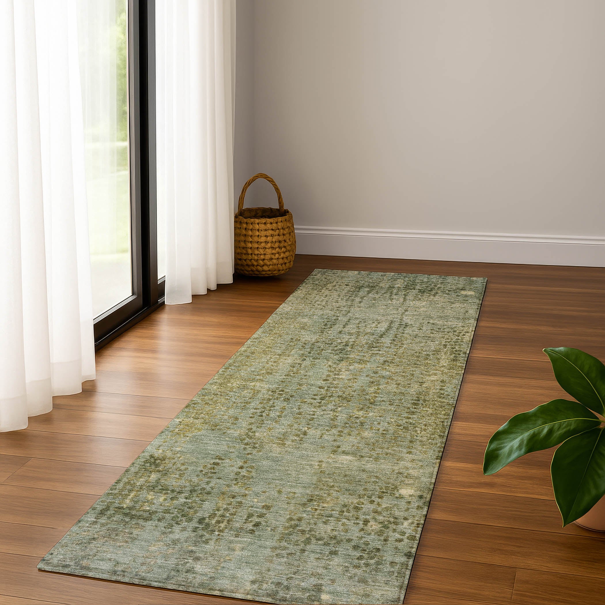 Prague Machine Washable Transitional Green Rug 2'3" x 7'6" #shape_Runner