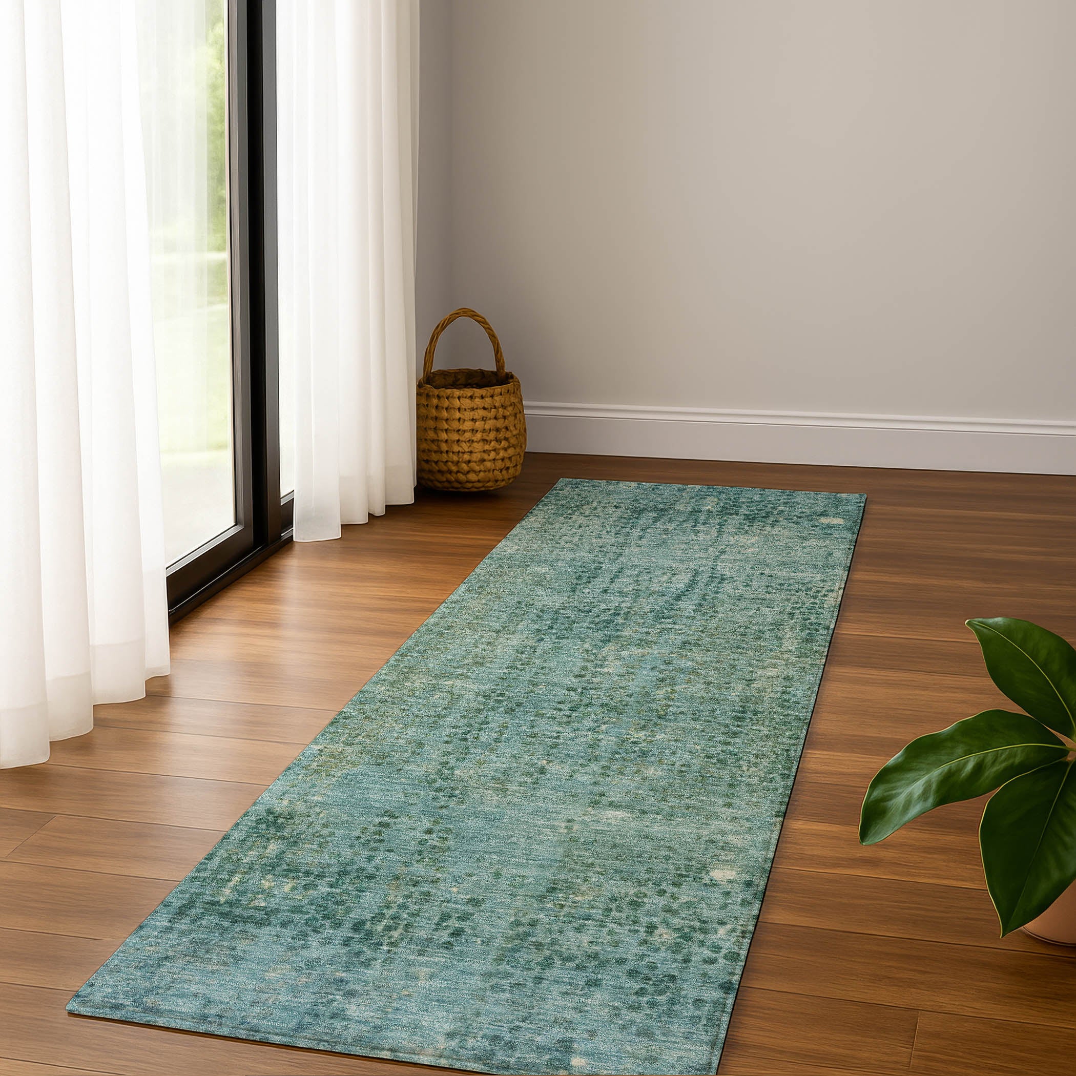 Prague Machine Washable Transitional Teal Rug 2'3" x 7'6" #shape_Runner
