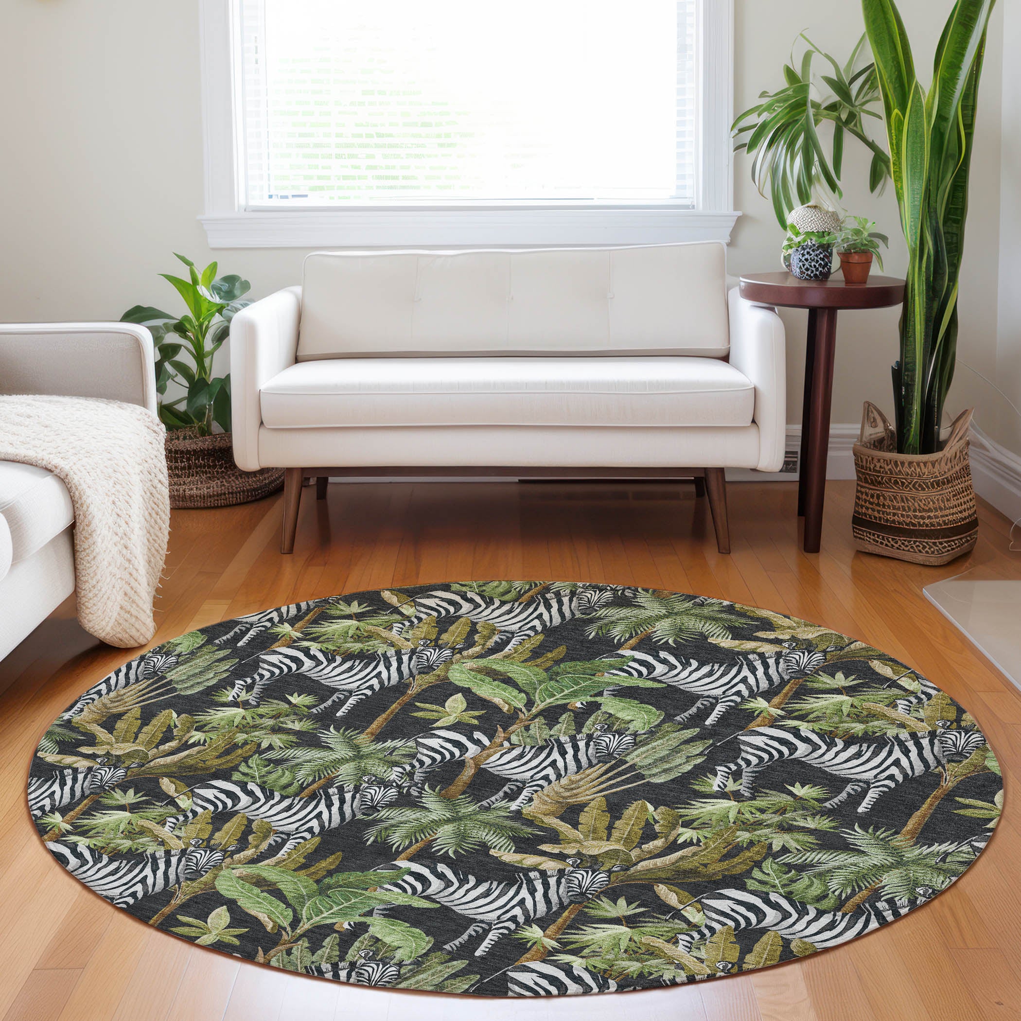 Ghent Machine Washable Tropical Midnight Black Rug 8' x 8' #shape_Round