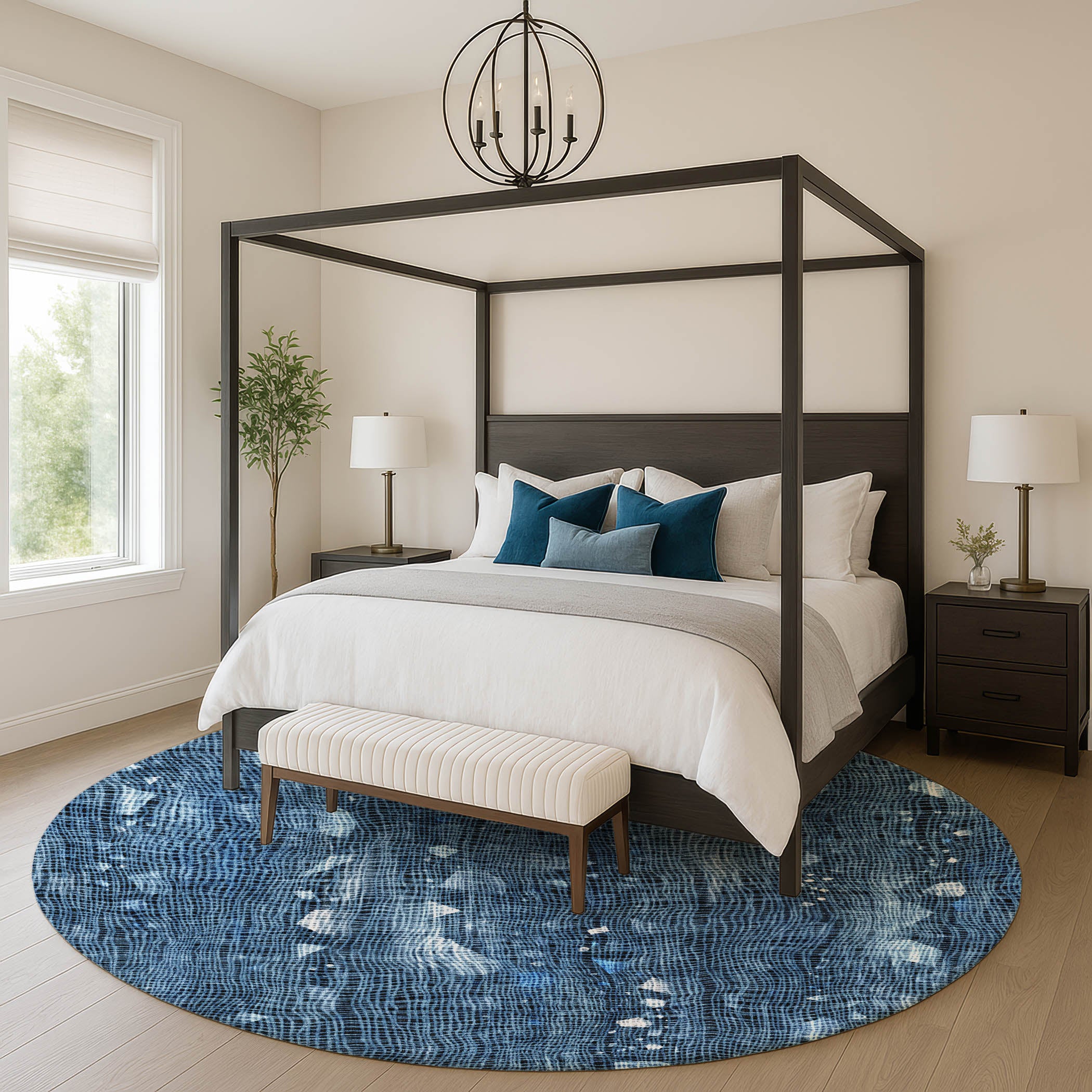 Seville Machine Washable Transitional Blue Rug 8' x 8' #shape_Round