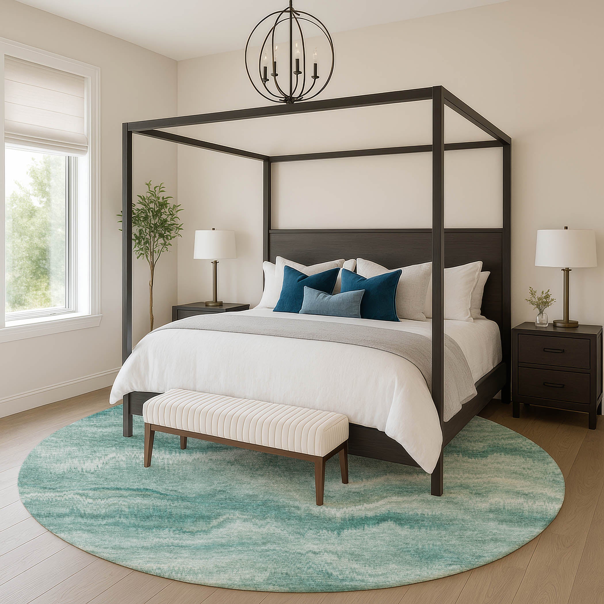 Bergen Machine Washable Transitional Teal Rug 8' x 8' #shape_Round