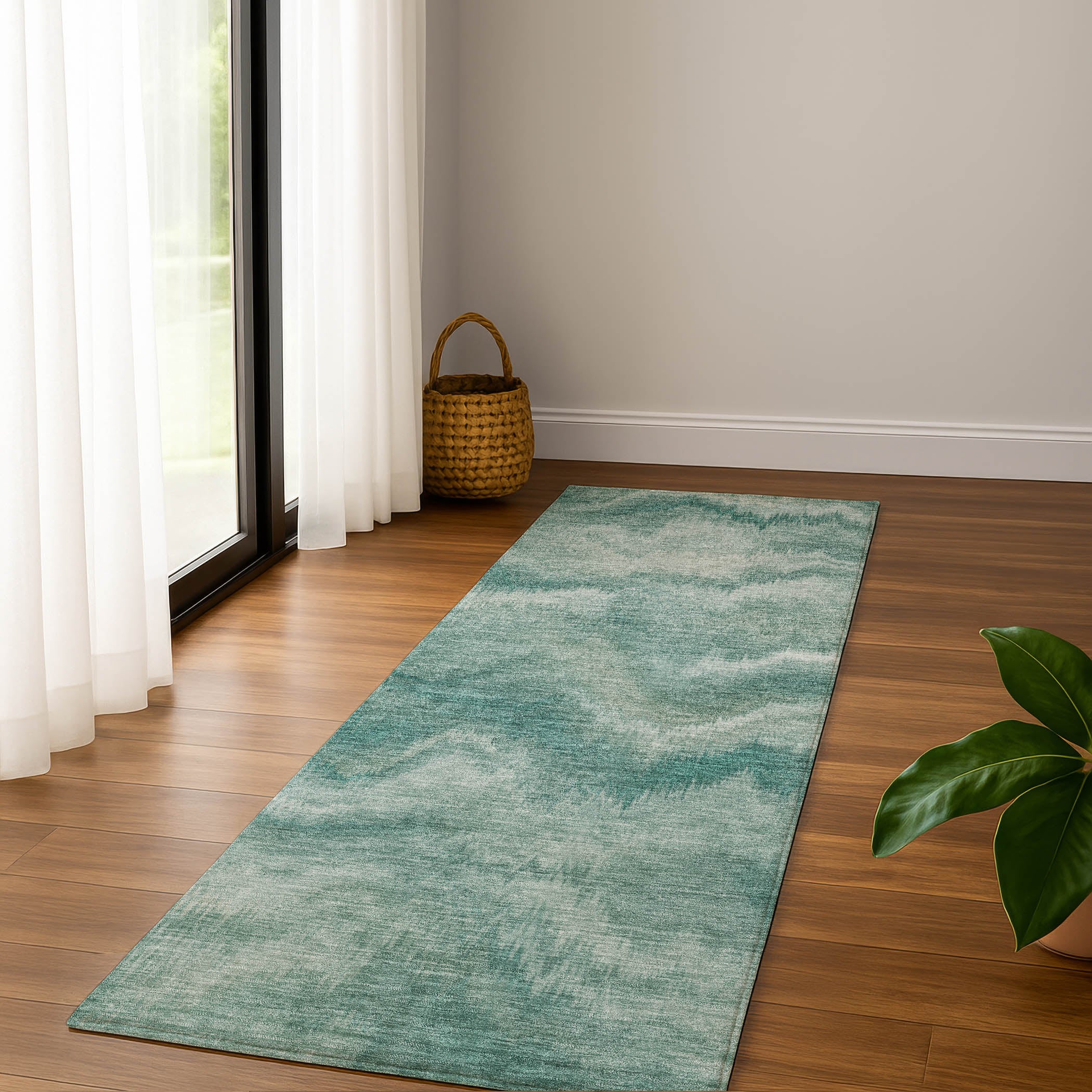 Bergen Machine Washable Transitional Teal Rug 2'3" x 7'6" #shape_Runner
