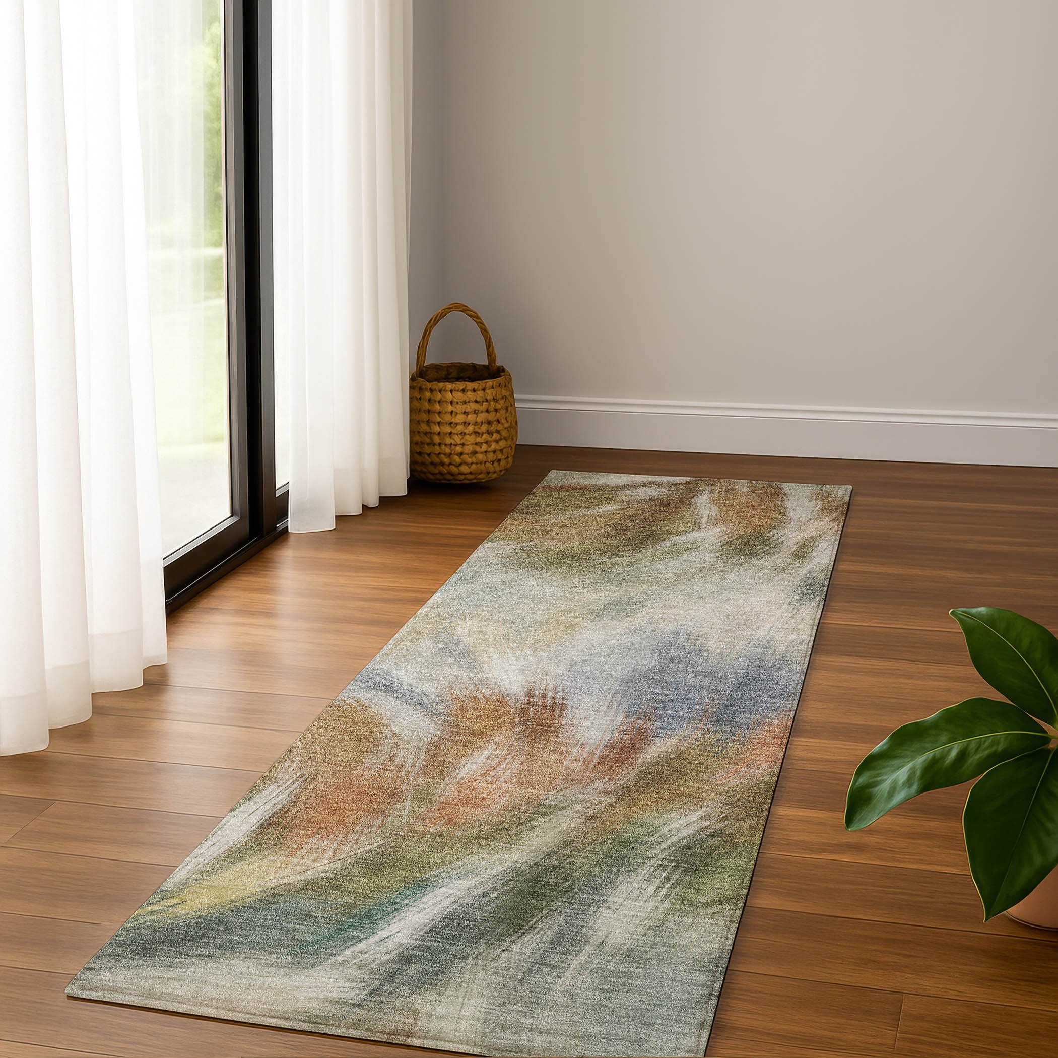 Split Machine Washable Transitional Beige Brown Rug 2'3" x 7'6" #shape_Runner