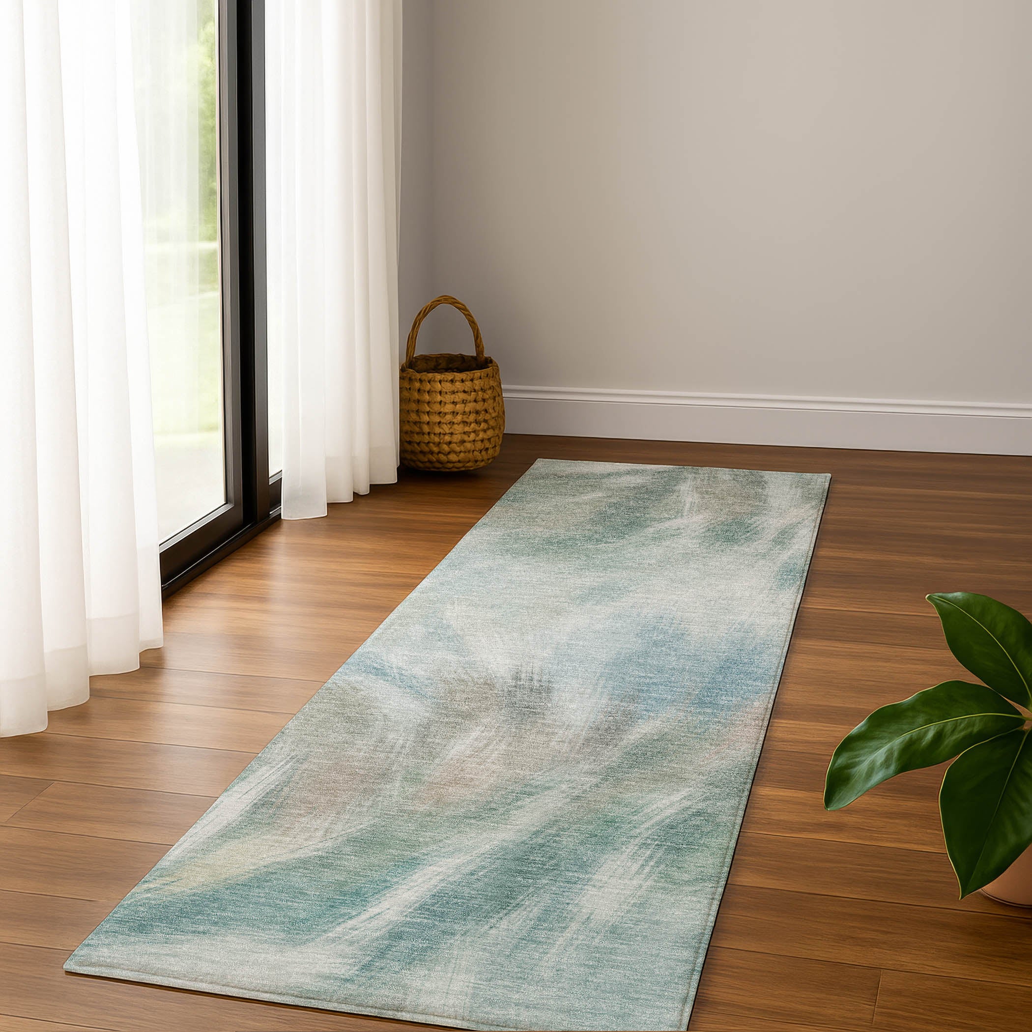 Split Machine Washable Transitional Sky Blue Rug 2'3" x 7'6" #shape_Runner