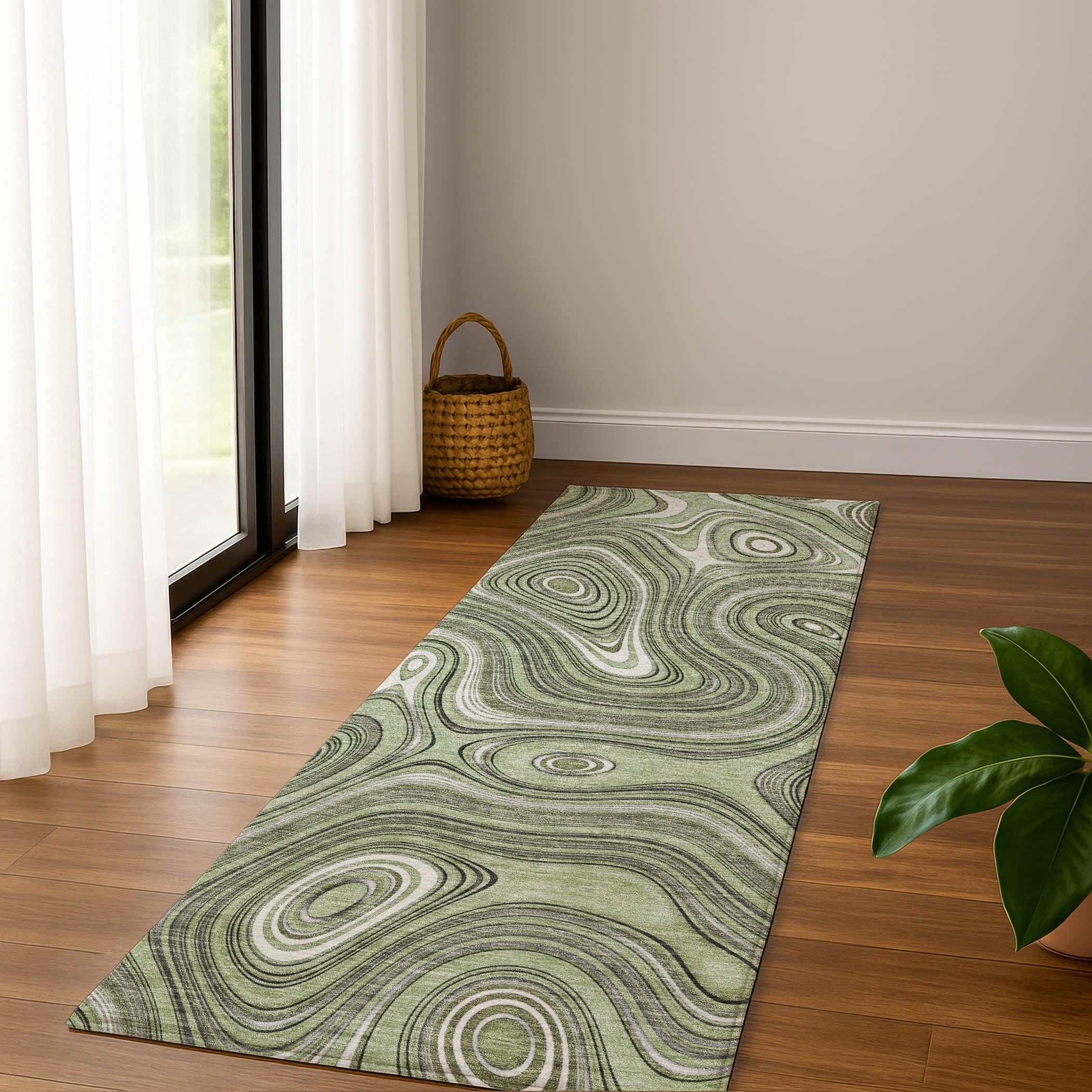 Istanbul Machine Washable Transitional Aloe Green Rug 2'3" x 7'6" #shape_Runner
