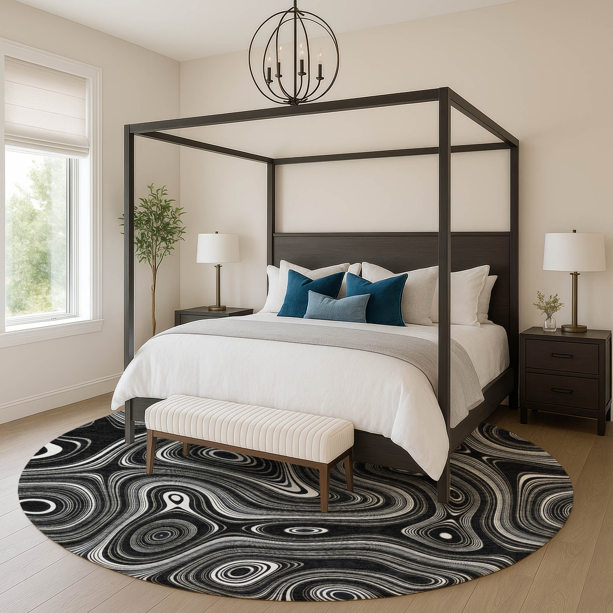 Istanbul Machine Washable Transitional Black Rug 8' x 8' #shape_Round