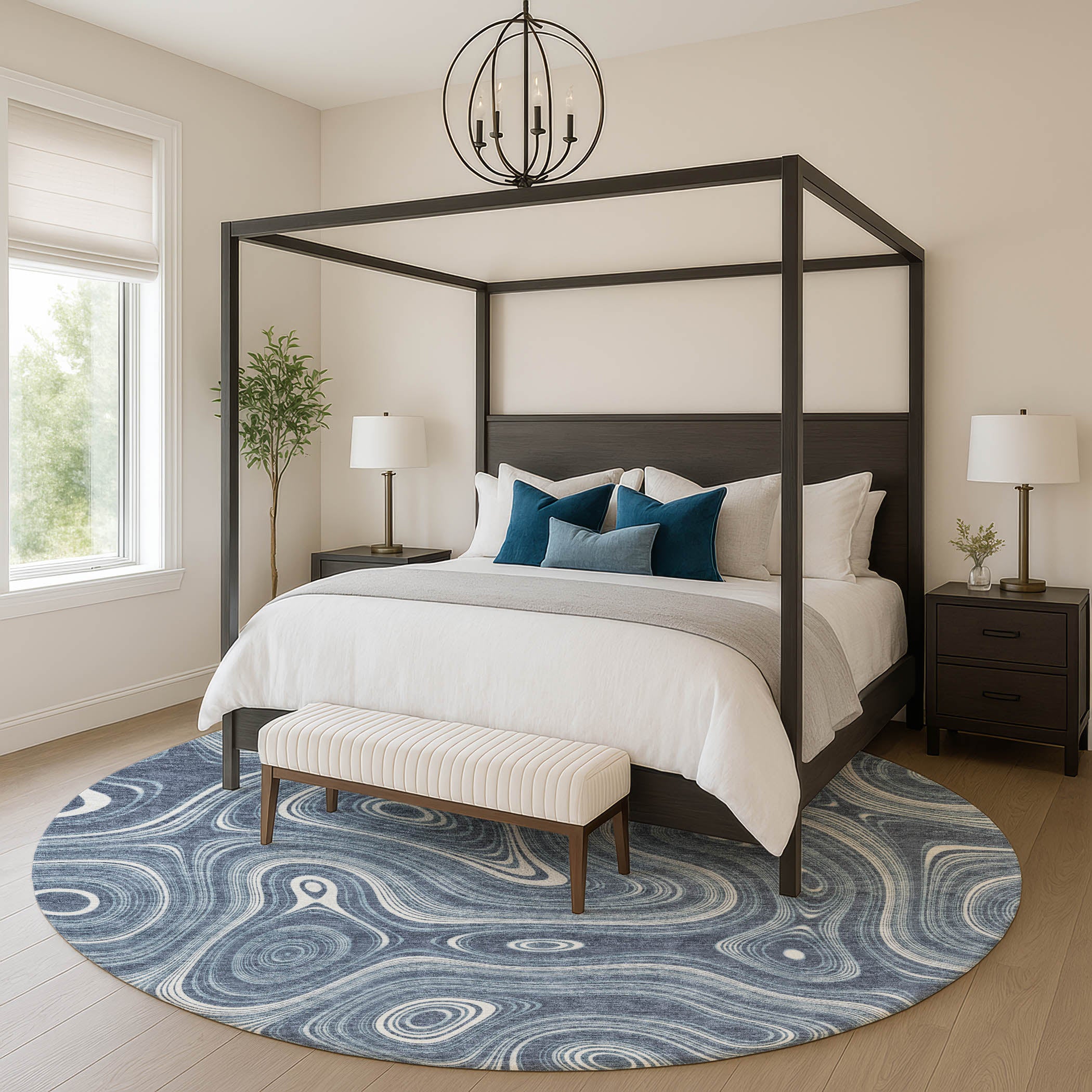 Istanbul Machine Washable Transitional Blue Rug 8' x 8' #shape_Round