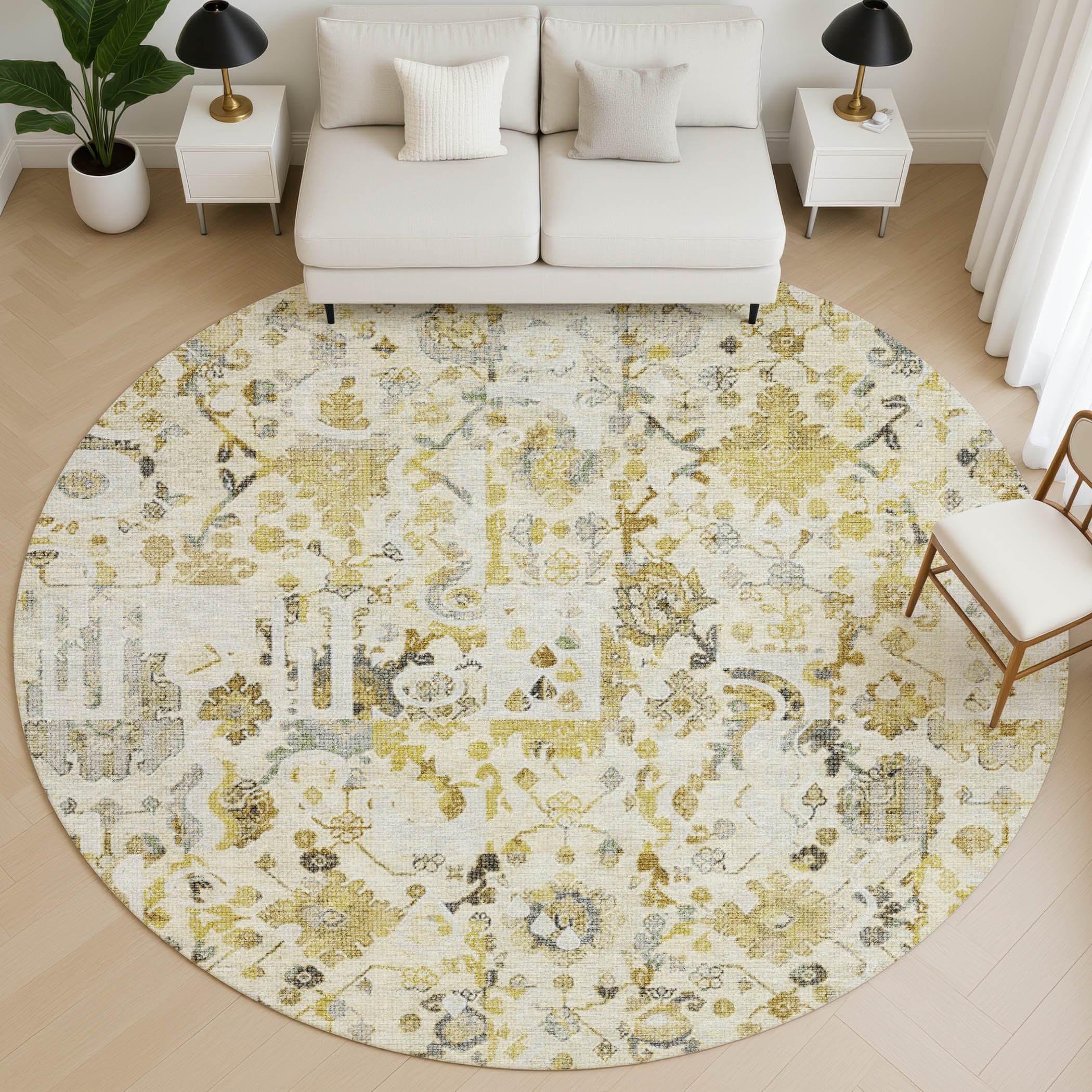 Jaipur Machine Washable Traditional Gold Rug 8' x 8' #shape_Round