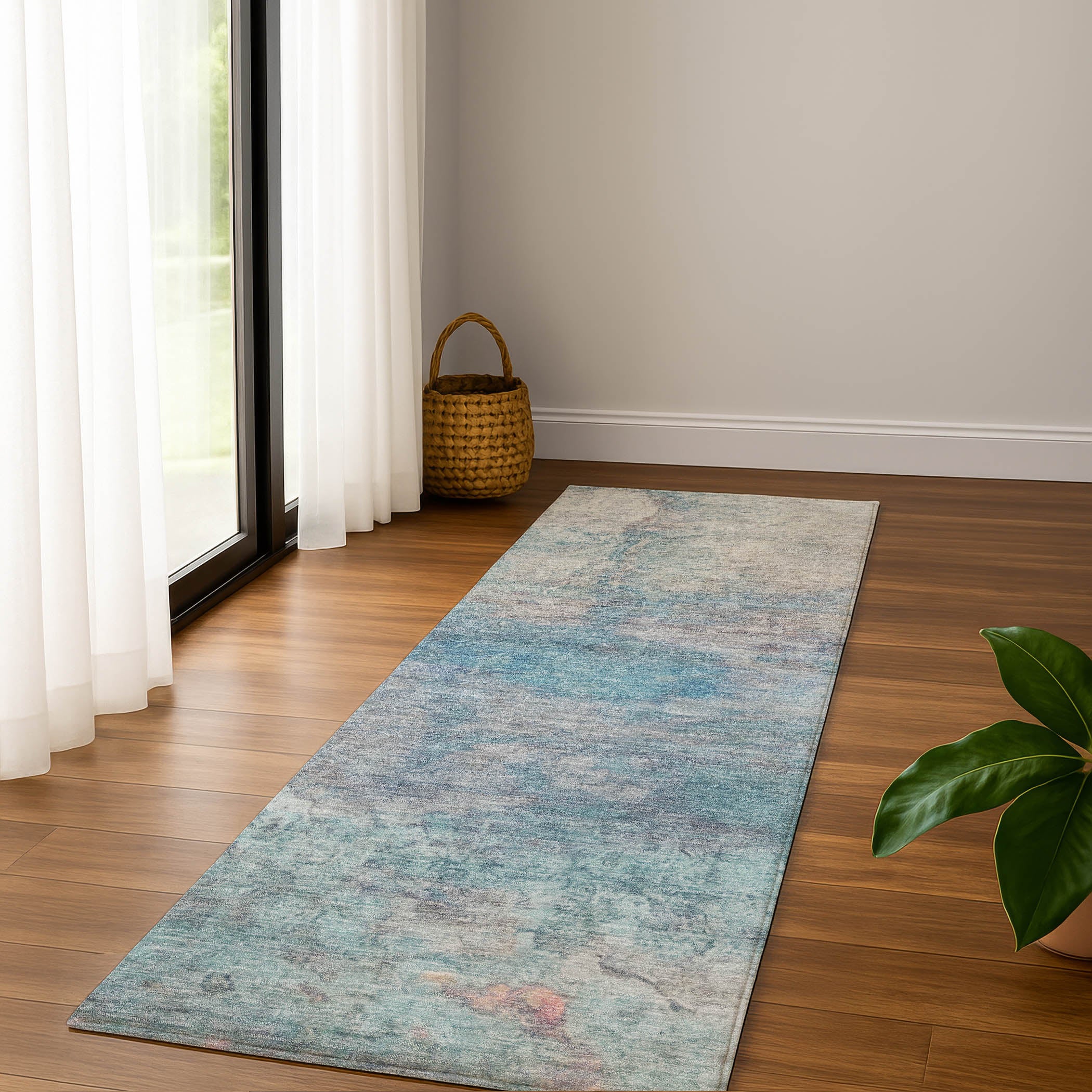 Dublin Machine Washable Transitional Aqua Teal Rug 2'3" x 7'6" #shape_Runner