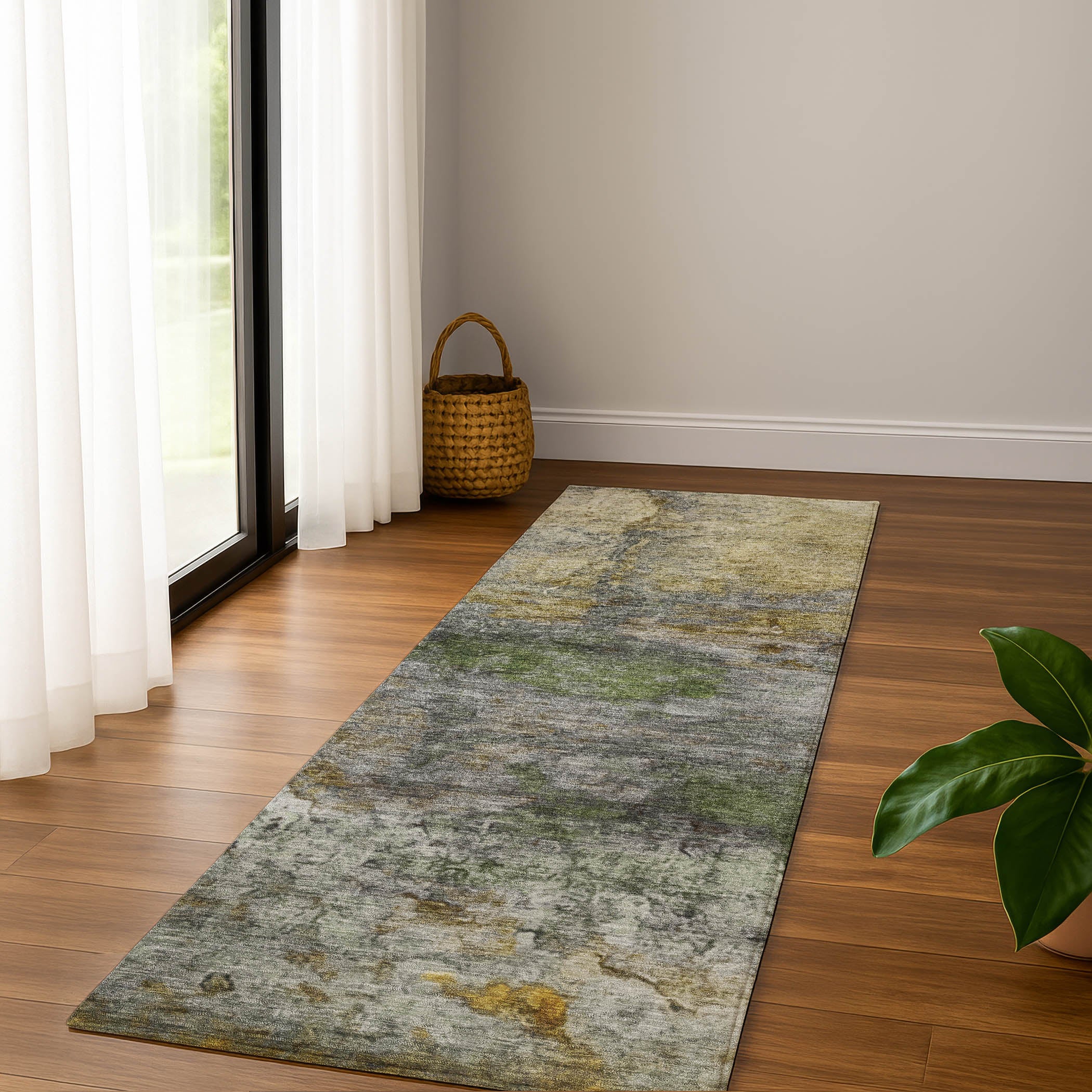Dublin Machine Washable Transitional Olive Green Rug 2'3" x 7'6" #shape_Runner