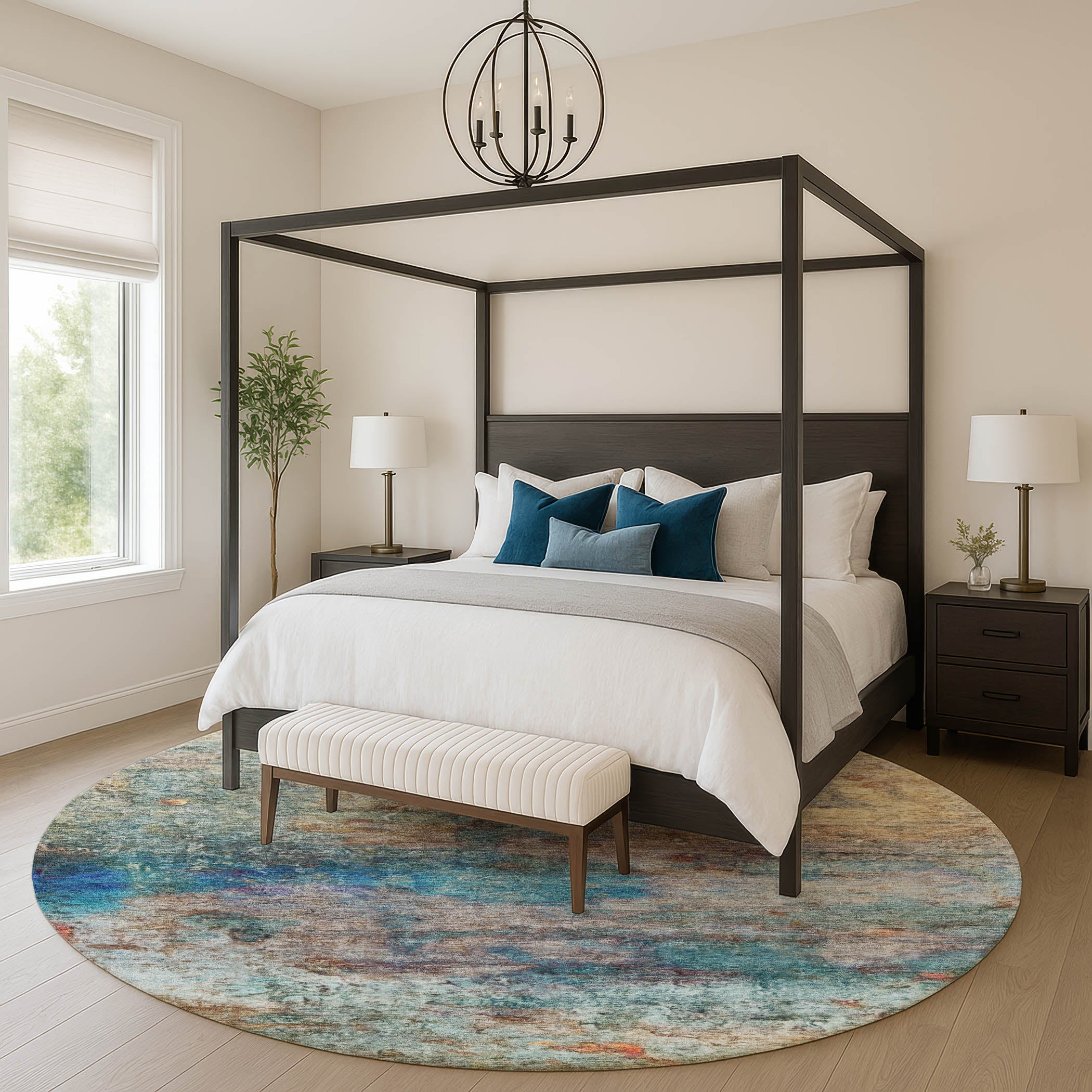 Dublin Machine Washable Transitional Teal Rug 8' x 8' #shape_Round