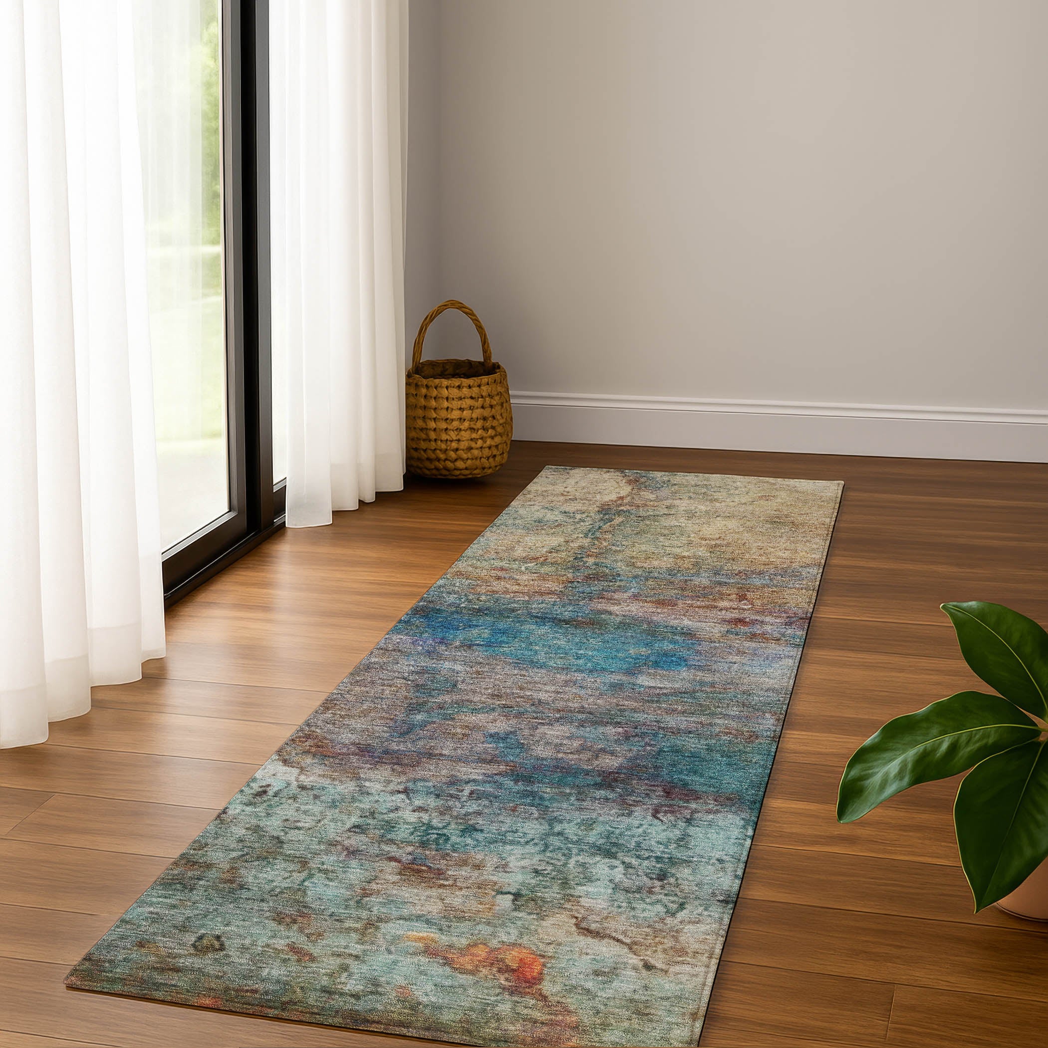 Dublin Machine Washable Transitional Teal Rug 2'3" x 7'6" #shape_Runner