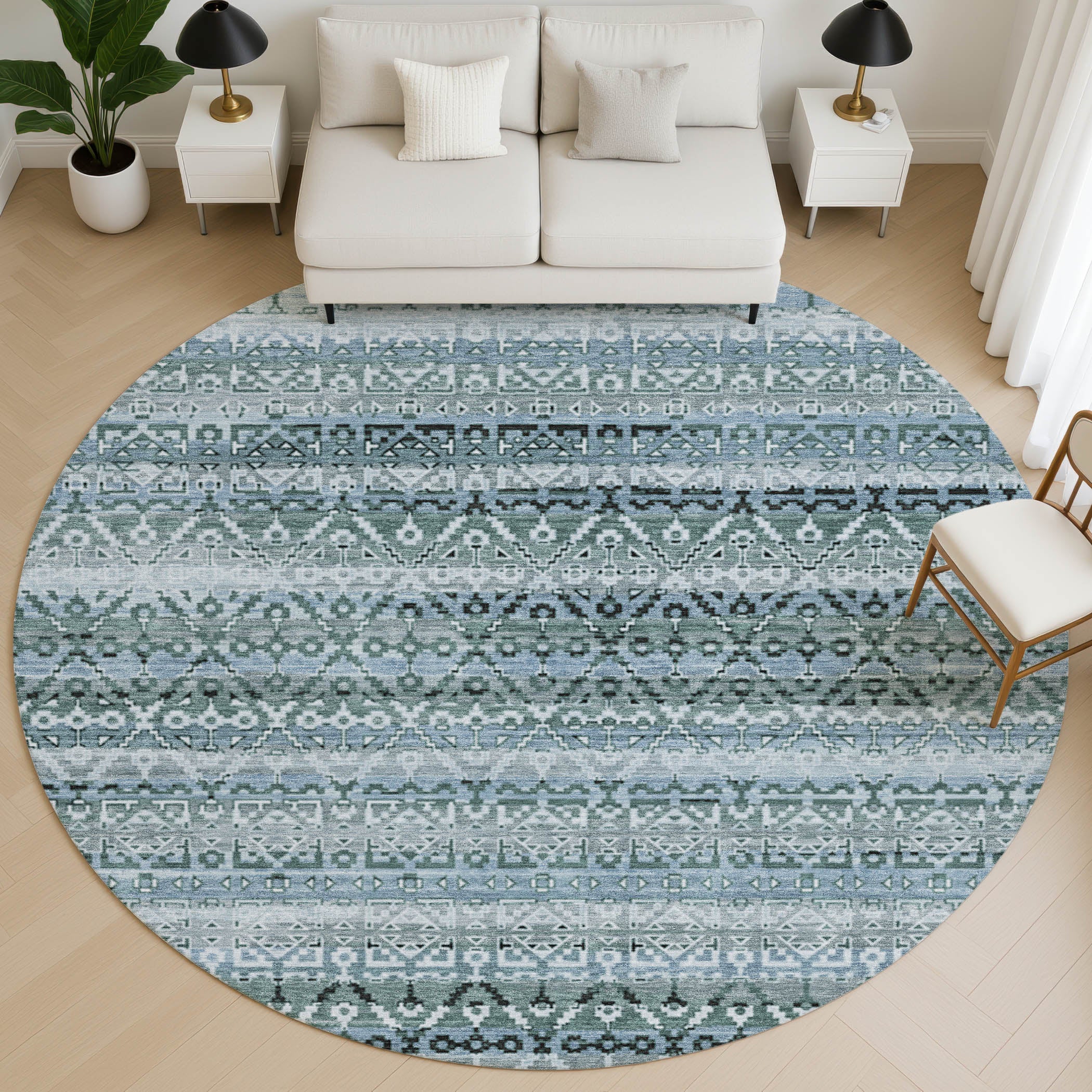 Kotor Machine Washable Transitional Aloe Green Rug 8' x 8' #shape_Round