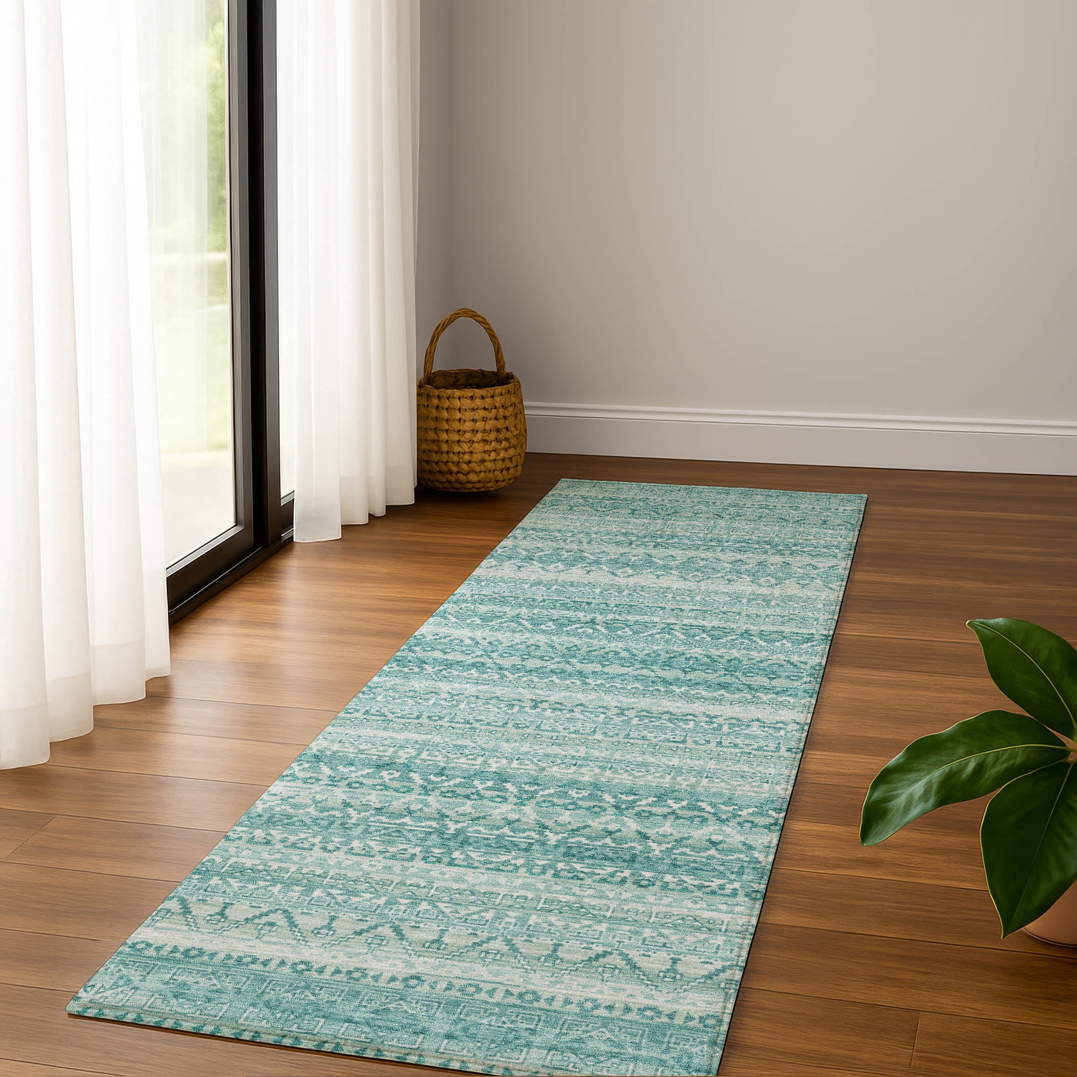 Kotor Machine Washable Transitional Aqua Teal Rug 2'3" x 7'6" #shape_Runner