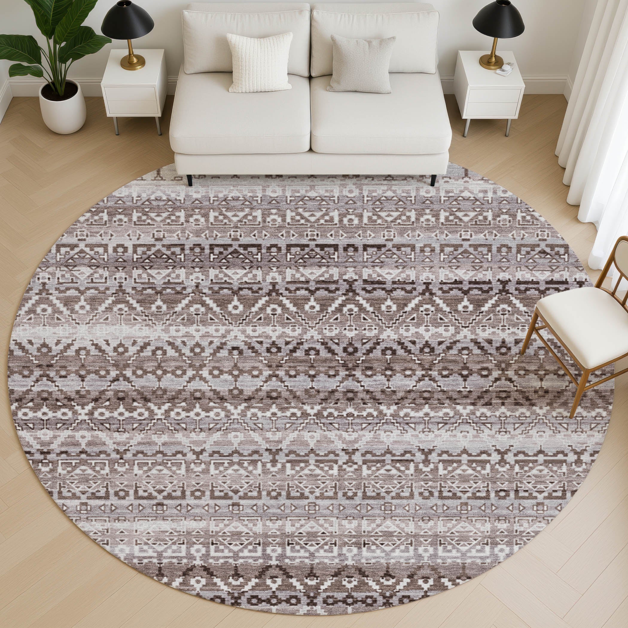 Kotor Machine Washable Transitional Brown Rug 8' x 8' #shape_Round