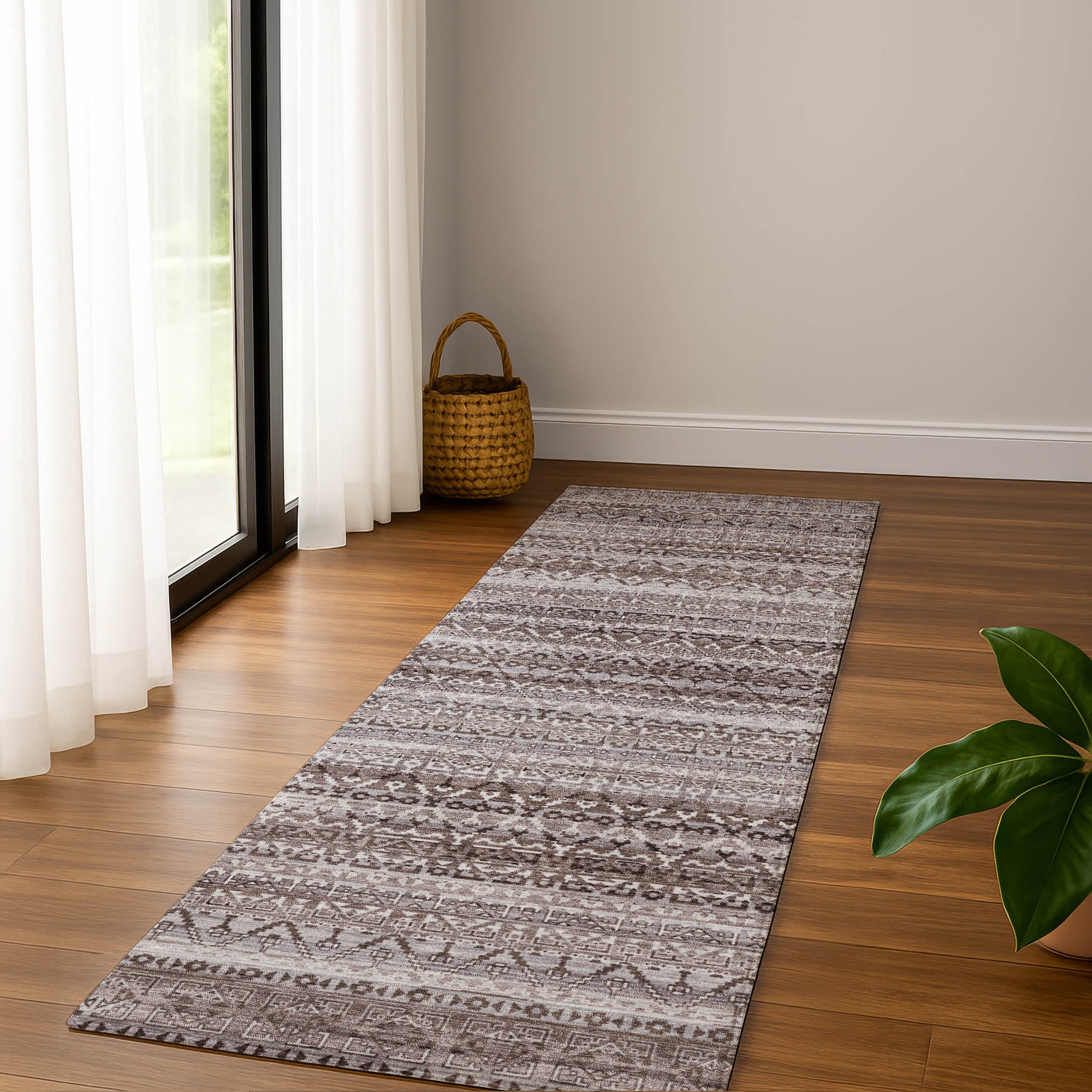 Kotor Machine Washable Transitional Brown Rug 2'3" x 7'6" #shape_Runner