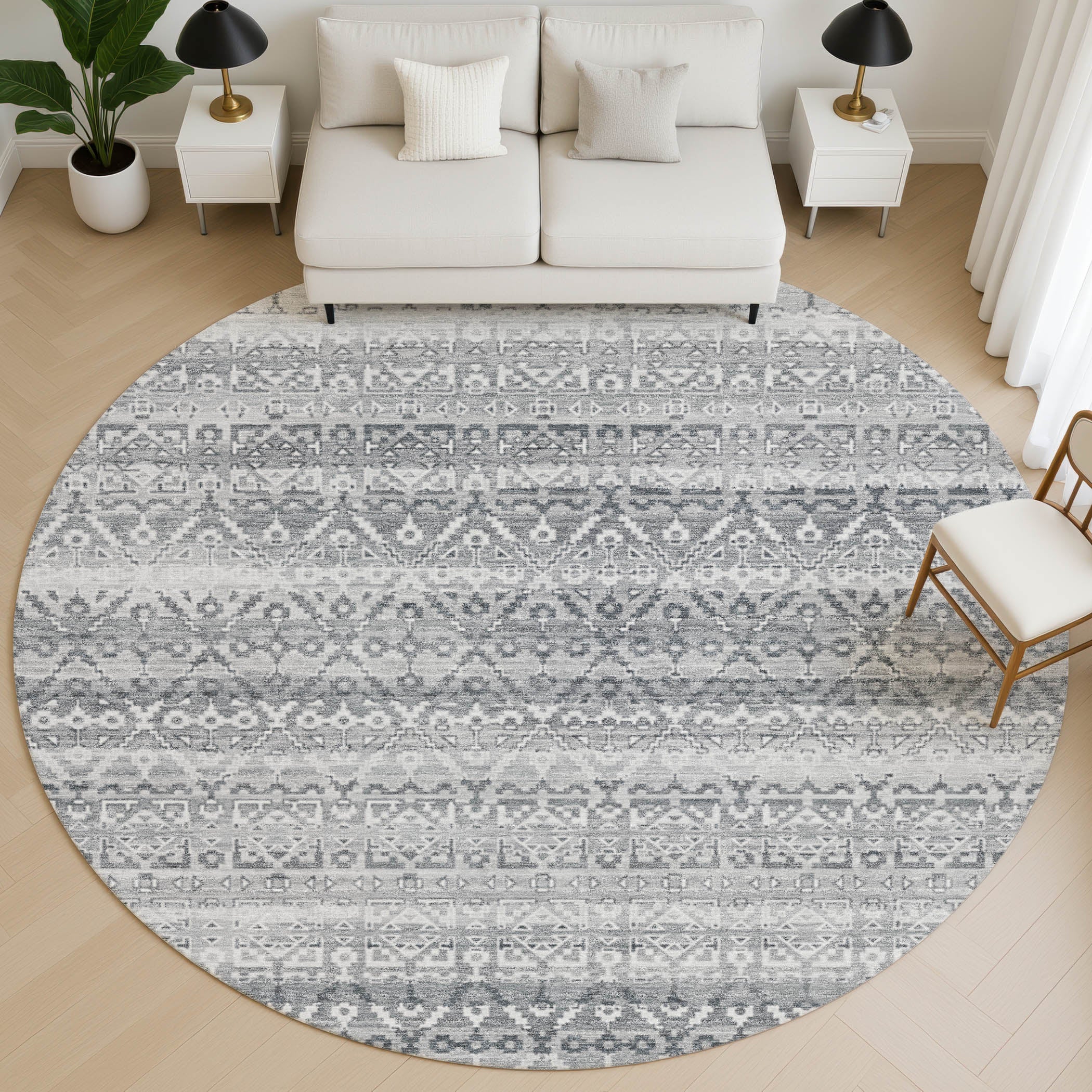 Kotor Machine Washable Transitional Gray Rug 8' x 8' #shape_Round