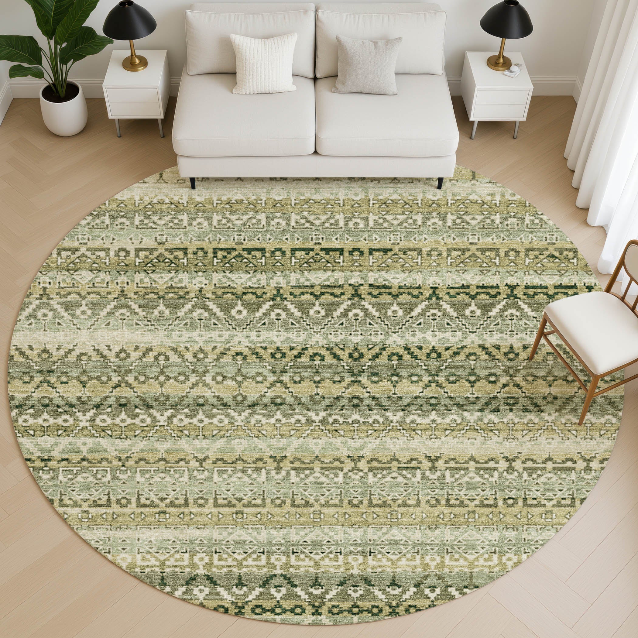 Kotor Machine Washable Transitional Green Rug 8' x 8' #shape_Round