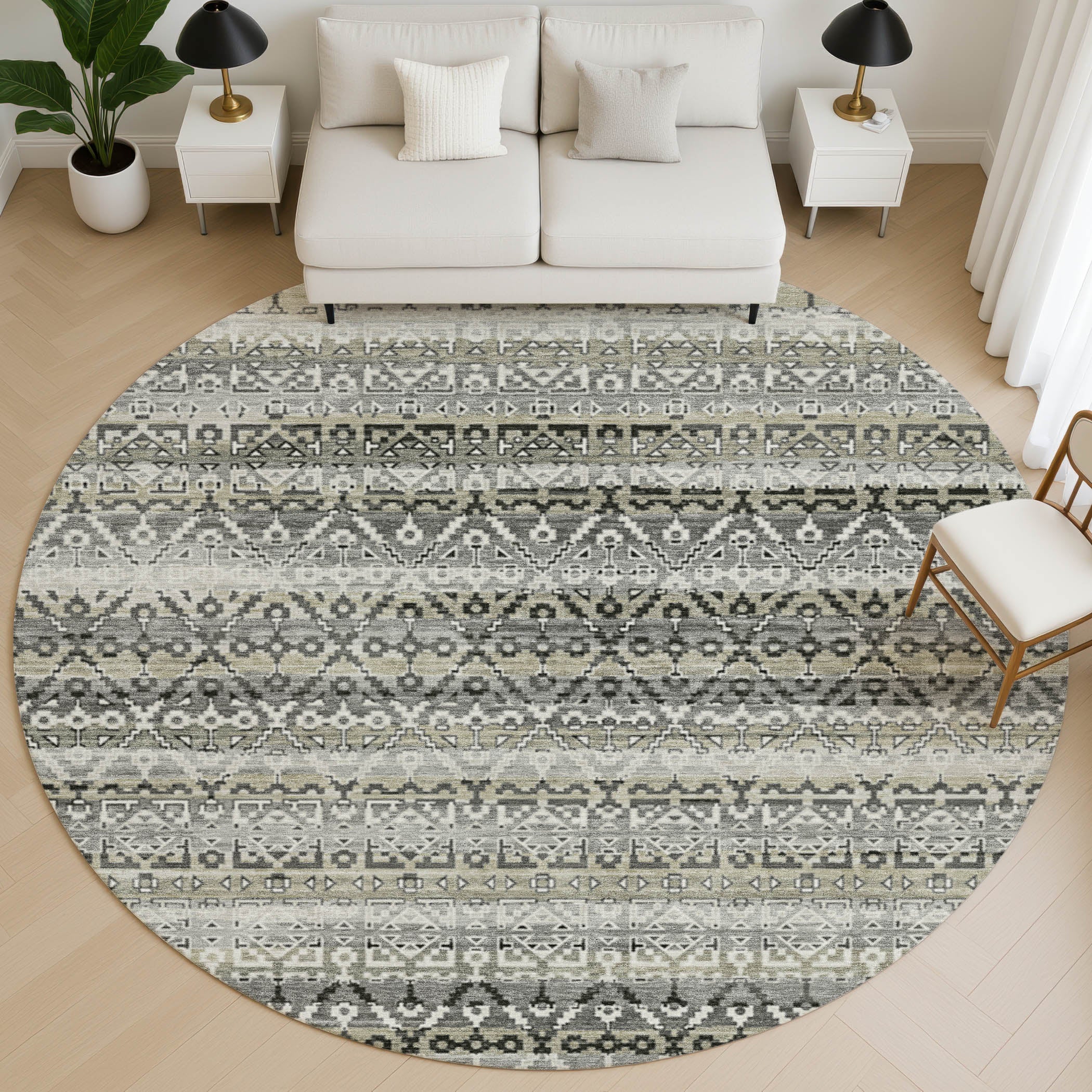 Kotor Machine Washable Transitional Pewter Gray Rug 8' x 8' #shape_Round