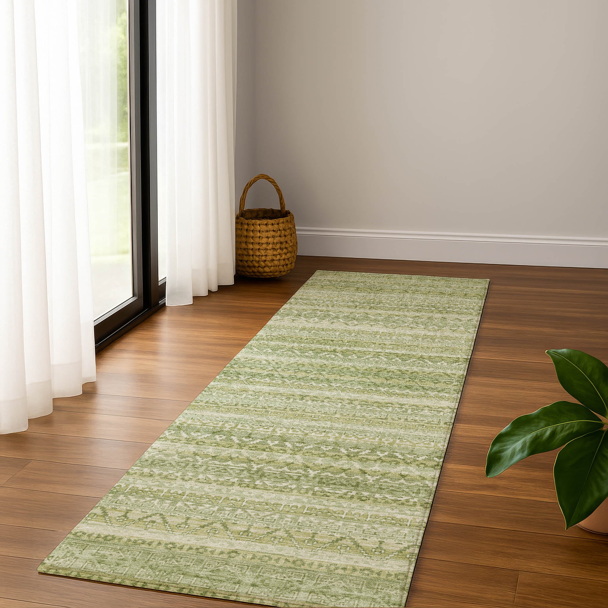 Kotor Machine Washable Transitional Sage Green Rug 2'3" x 7'6" #shape_Runner