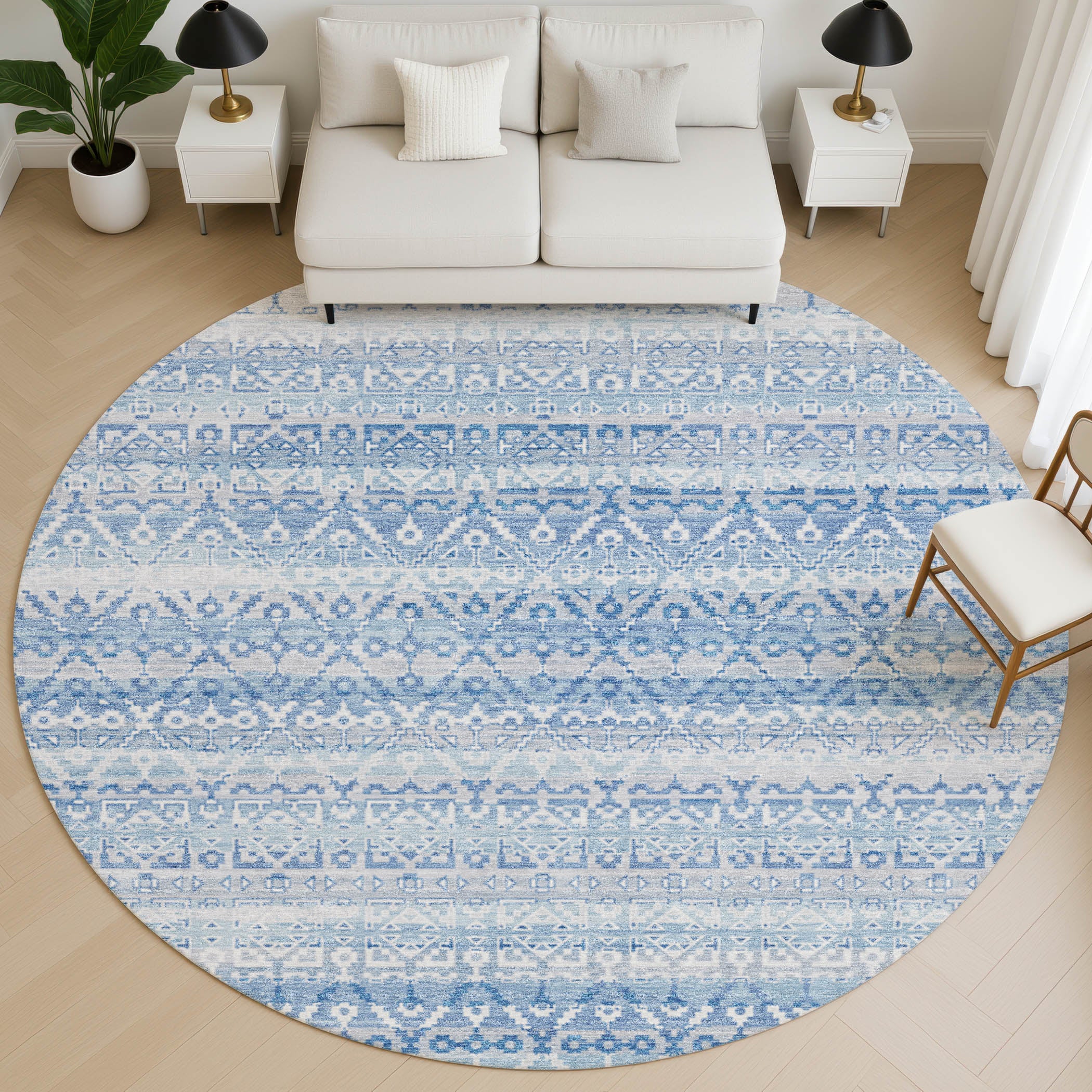 Kotor Machine Washable Transitional Sky Blue Rug 8' x 8' #shape_Round