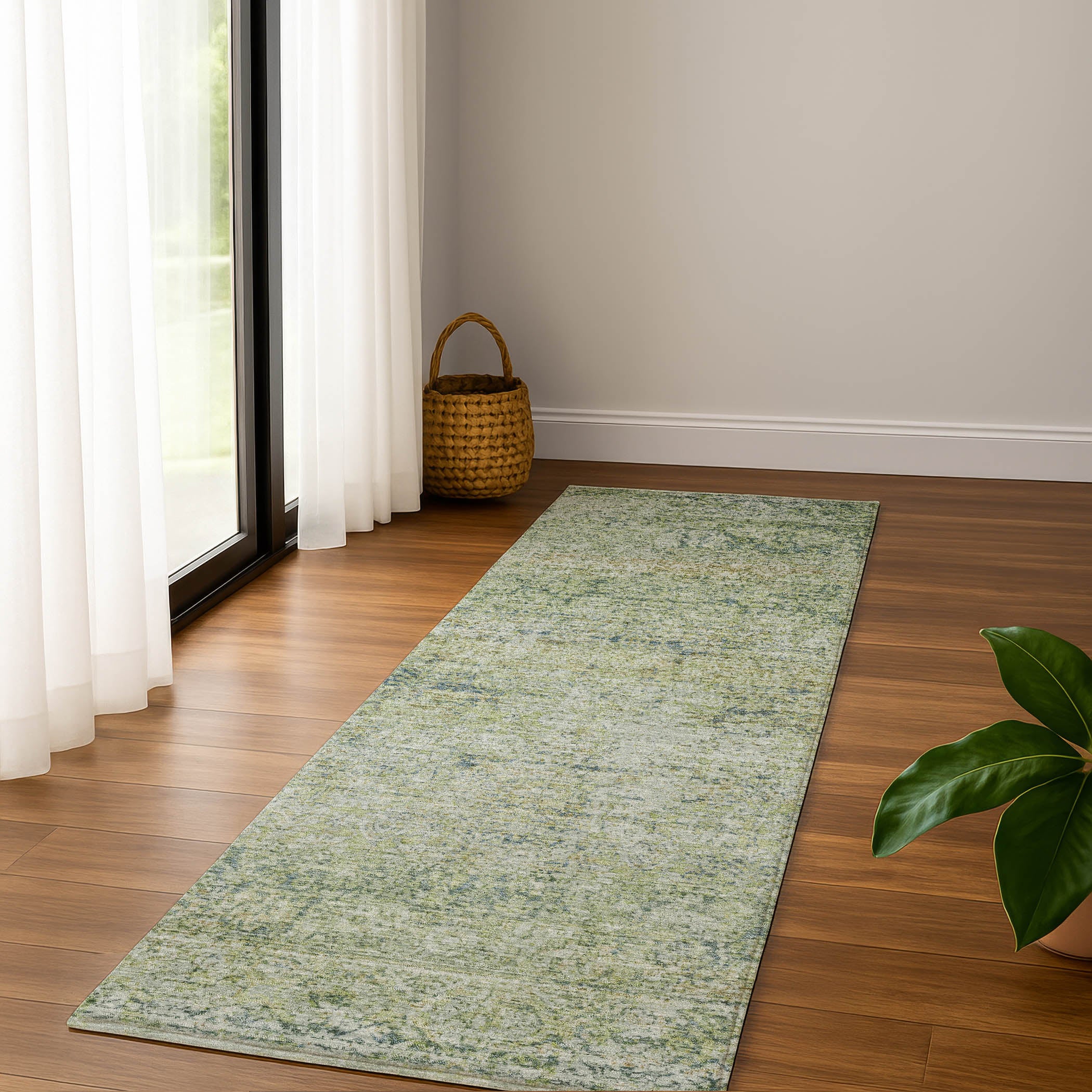 Dubrovnik Machine Washable Traditional Aloe Green Rug 2'3" x 7'6" #shape_Runner