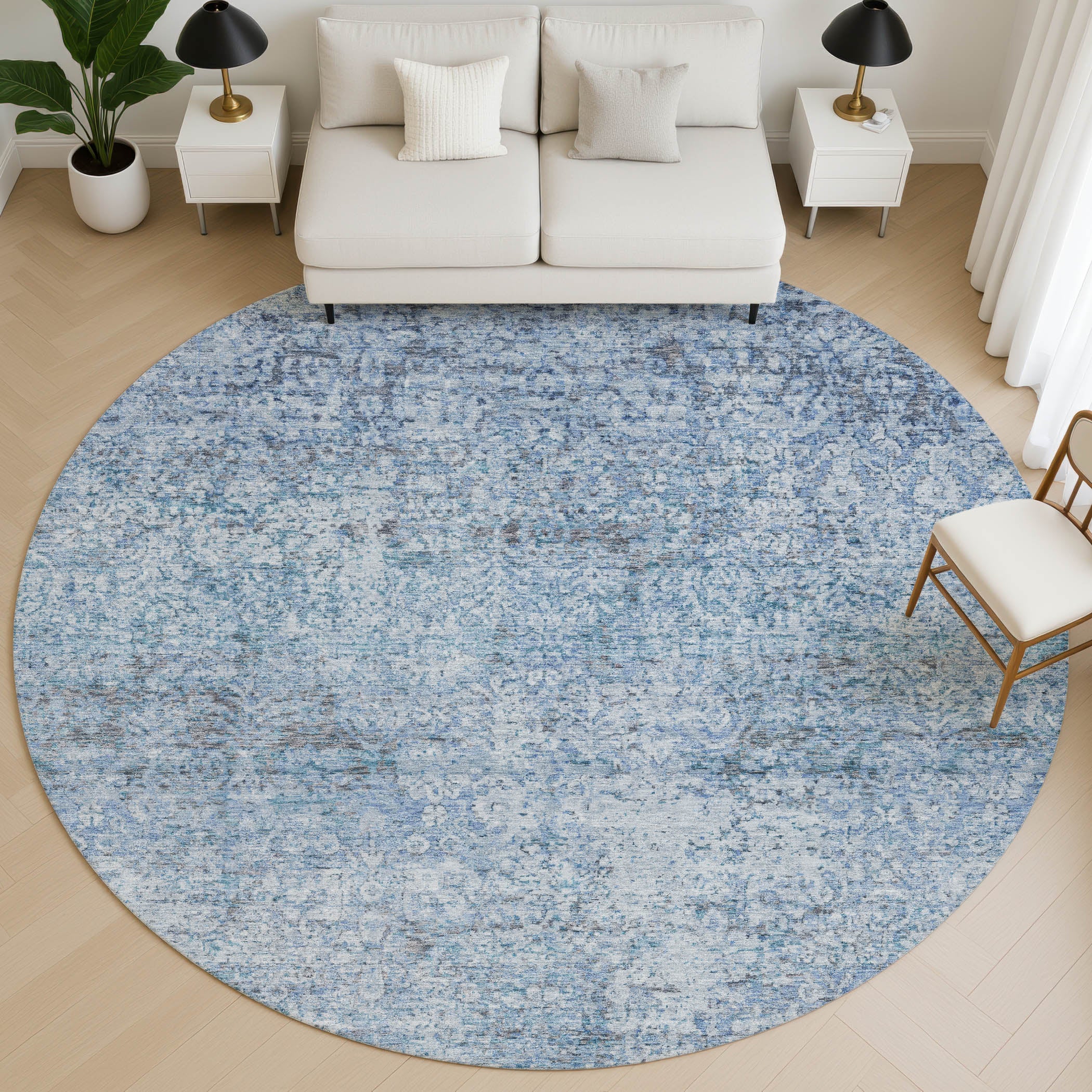 Dubrovnik Machine Washable Traditional Blue Rug 8' x 8' #shape_Round