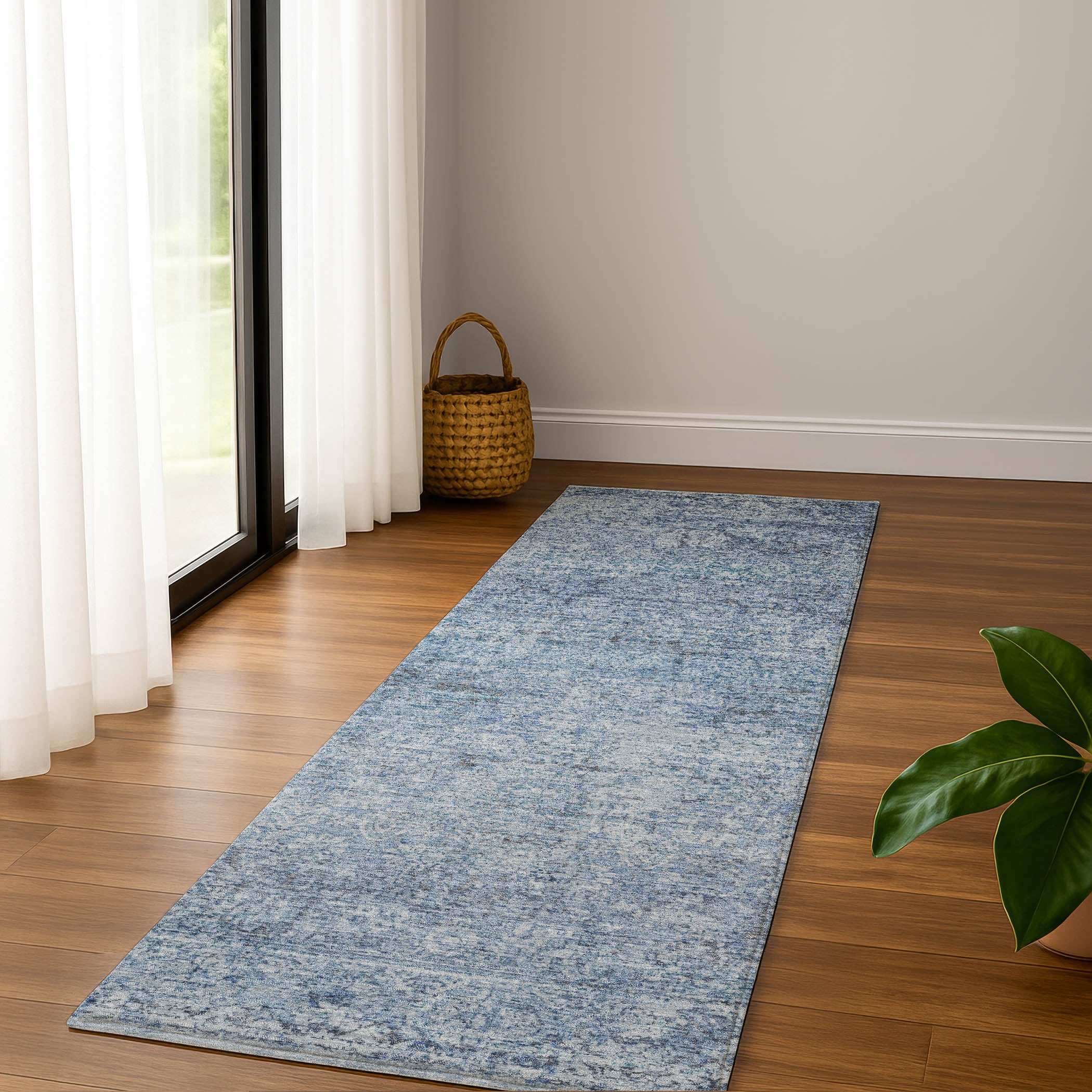 Dubrovnik Machine Washable Traditional Blue Rug 2'3" x 7'6" #shape_Runner