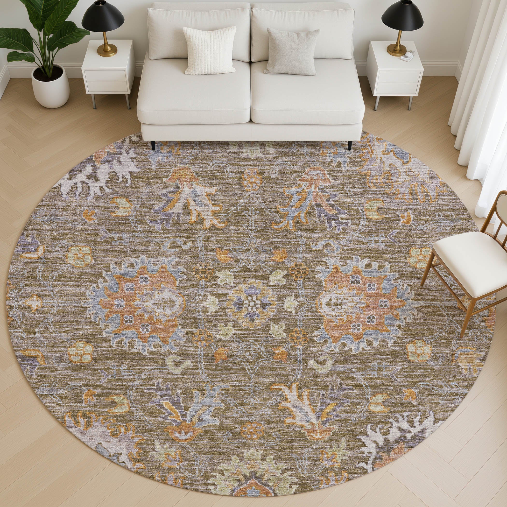 Havana Machine Washable Traditional Brown Rug 8' x 8' #shape_Round