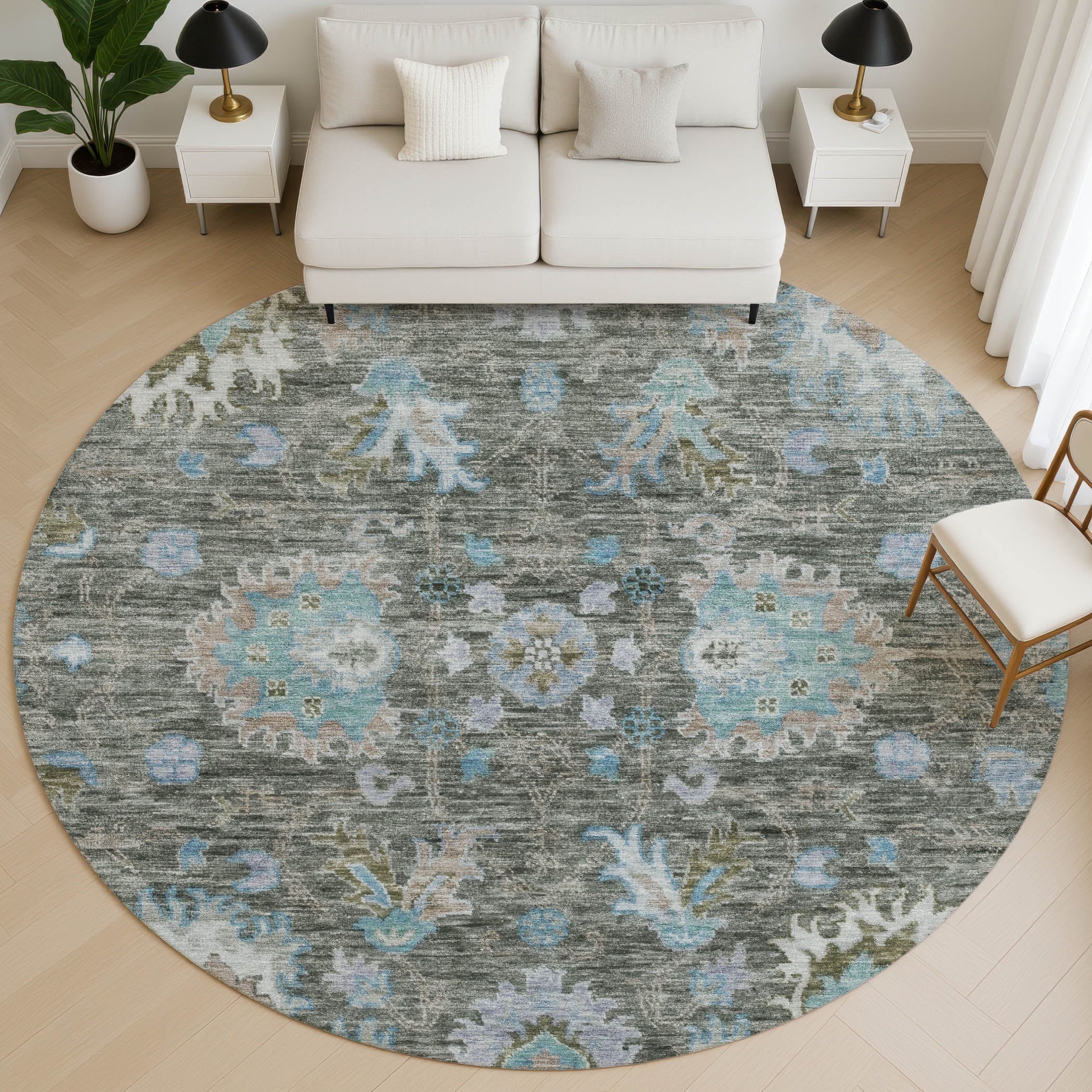 Havana Machine Washable Traditional Fern Green Rug 8' x 8' #shape_Round
