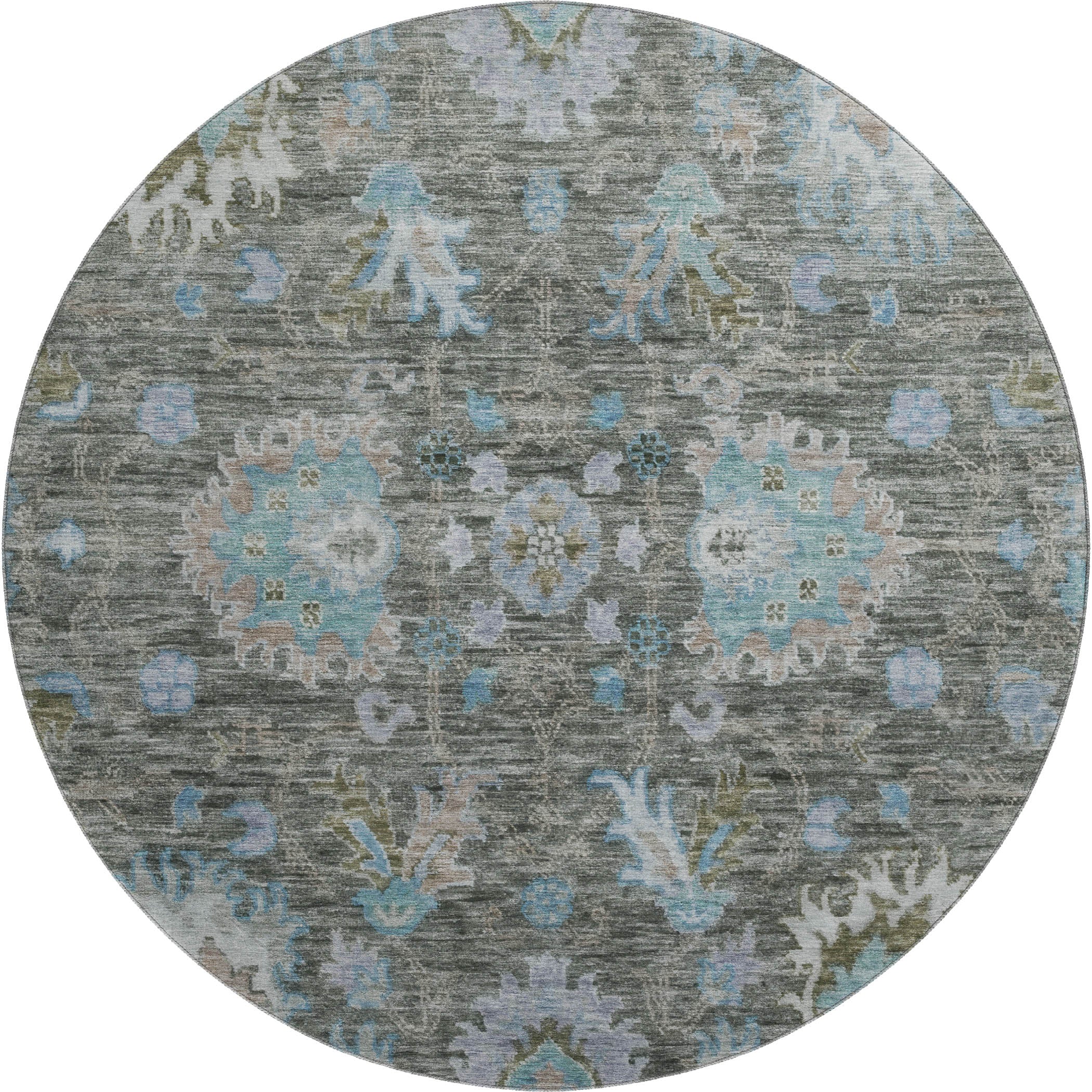 Havana Machine Washable Traditional Fern Green Rug 8' x 8' #shape_Round