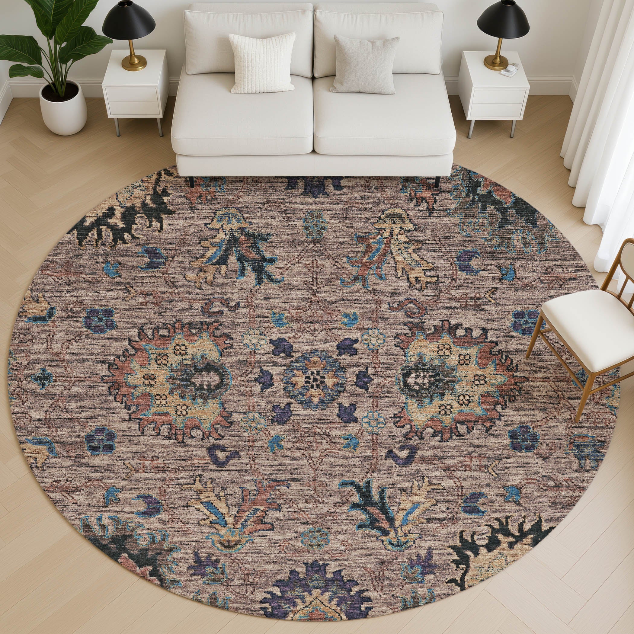 Havana Machine Washable Traditional Mocha Brown Rug 8' x 8' #shape_Round