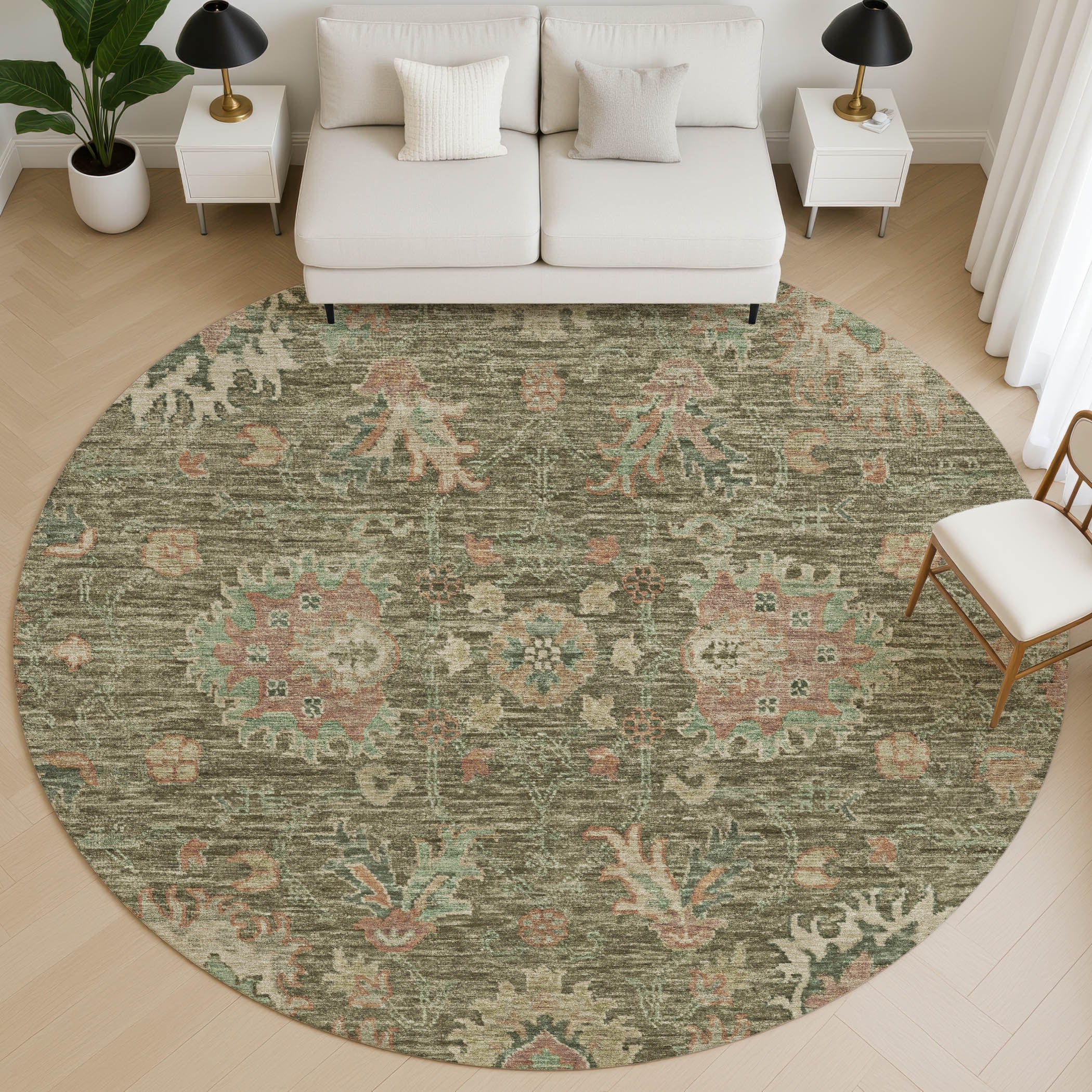 Havana Machine Washable Traditional Olive Green Rug 8' x 8' #shape_Round