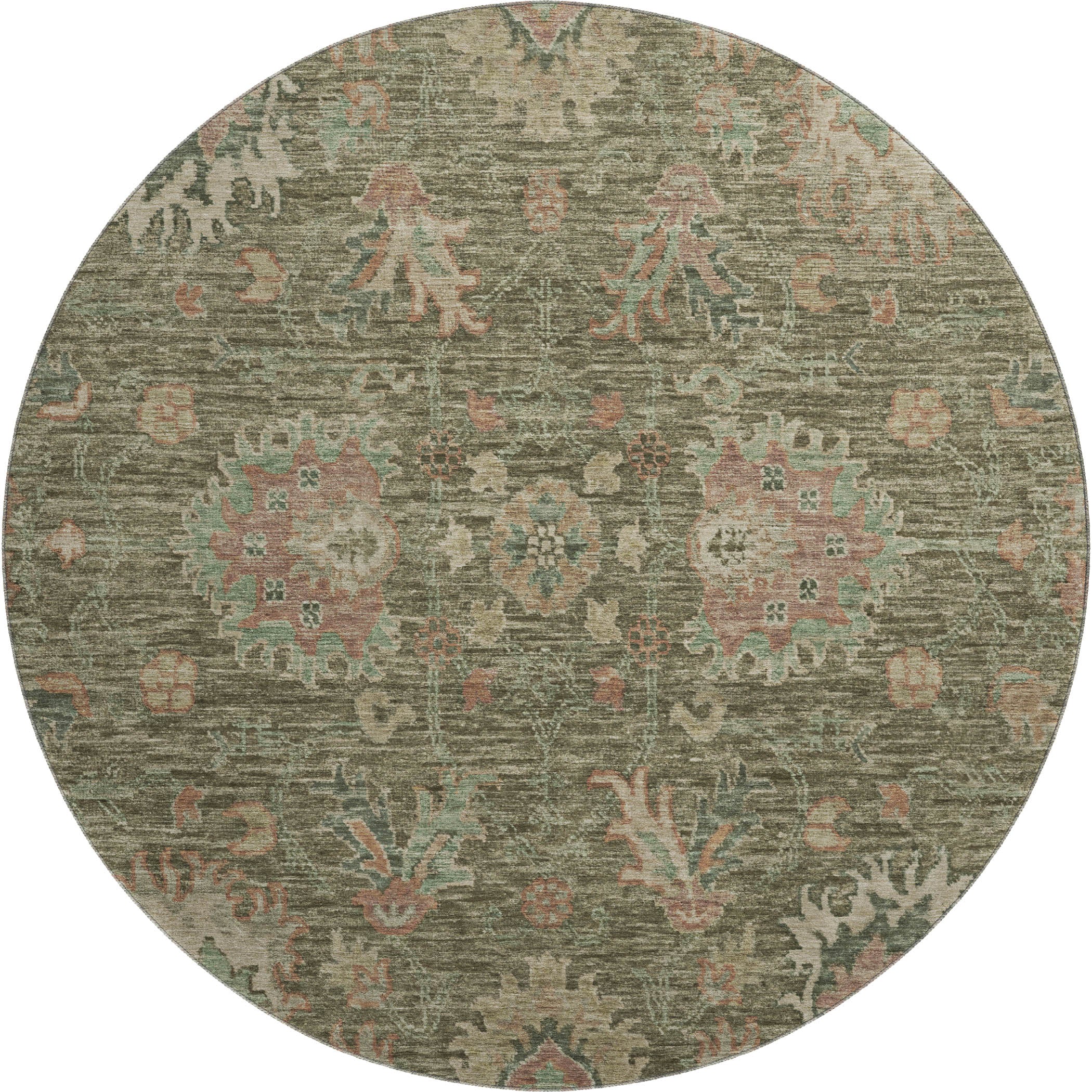 Havana Machine Washable Traditional Olive Green Rug 8' x 8' #shape_Round