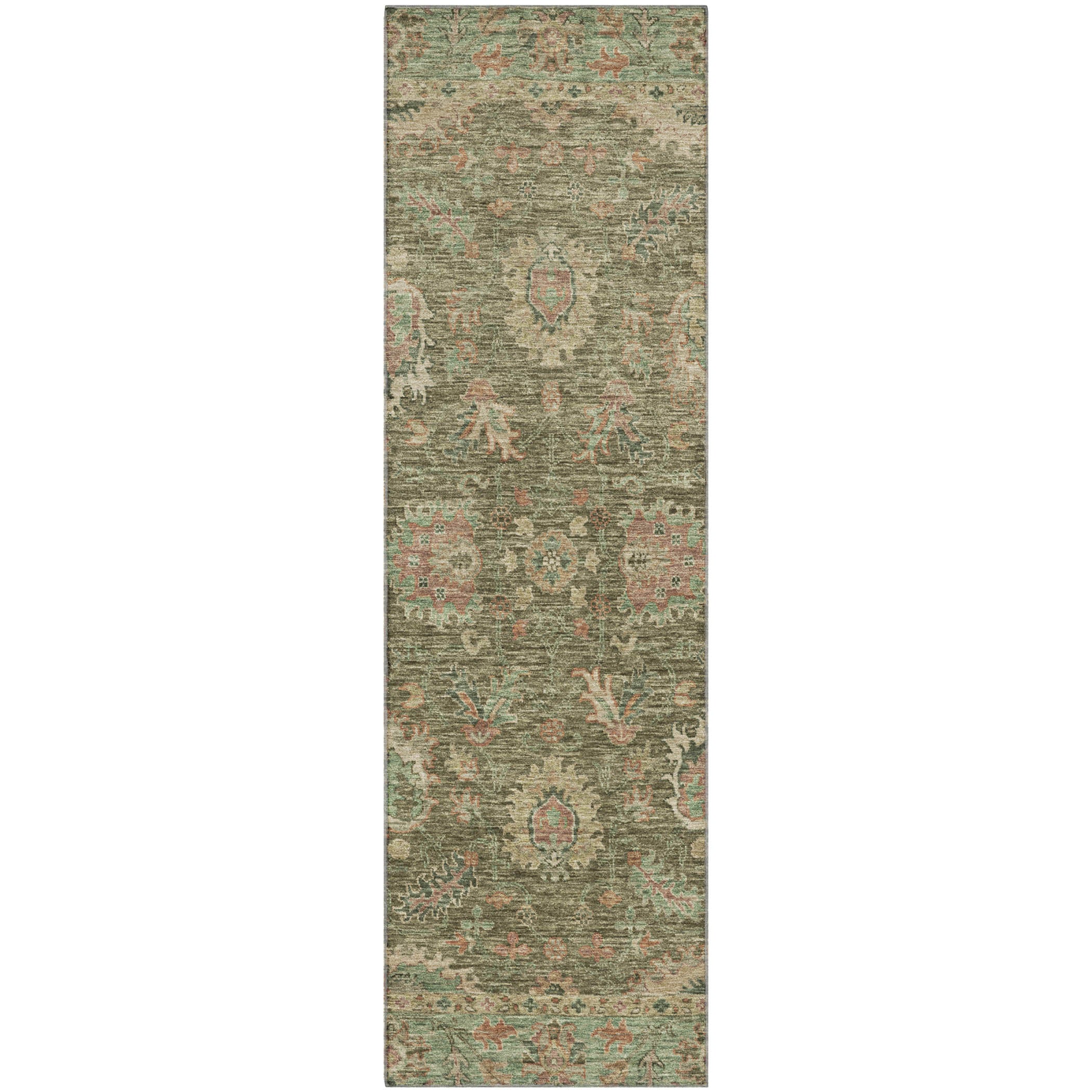 Havana Machine Washable Traditional Olive Green Rug 2'3" x 7'6" #shape_Runner