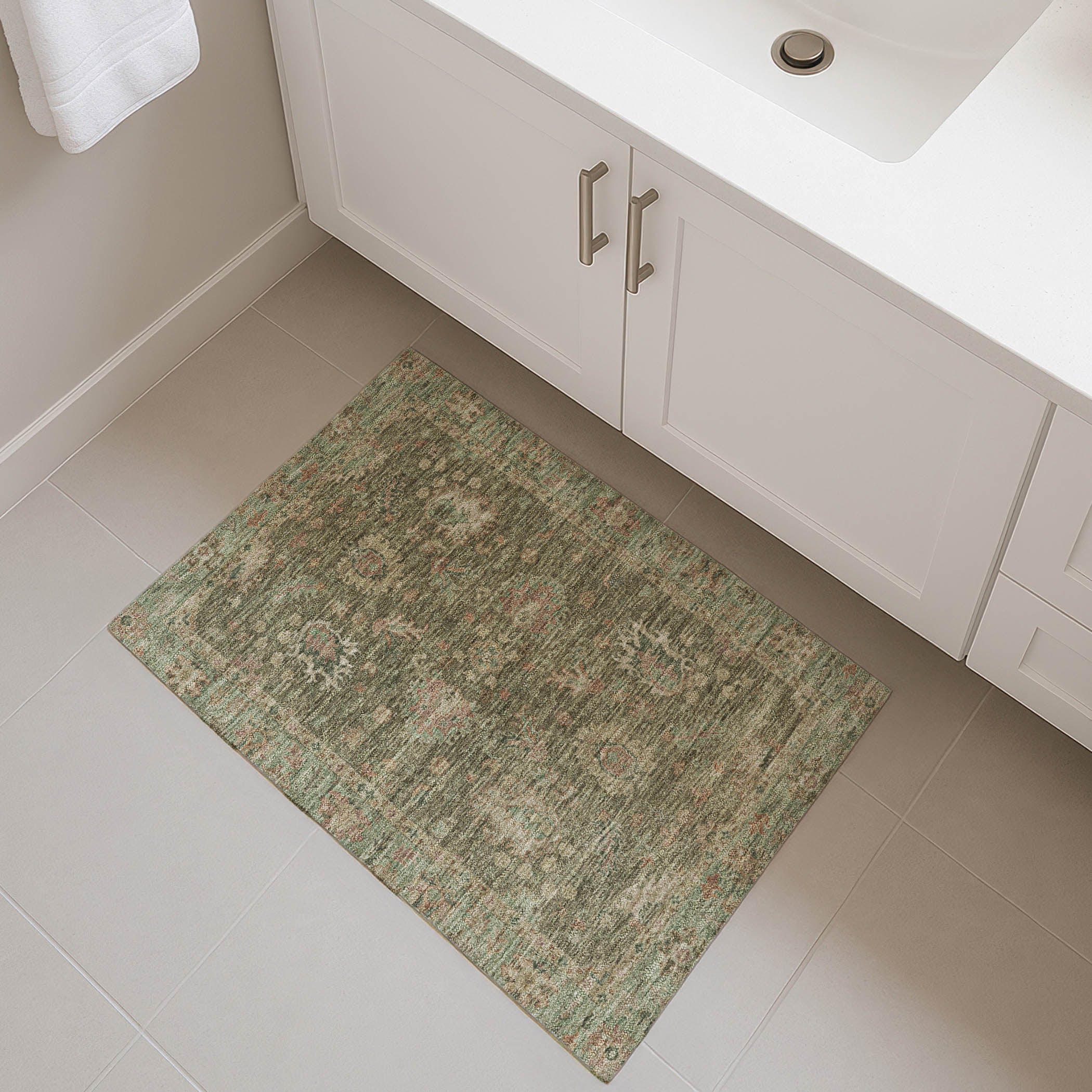 Havana Machine Washable Traditional Olive Green Rug 1'8" x 2'6" #shape_Rectangle
