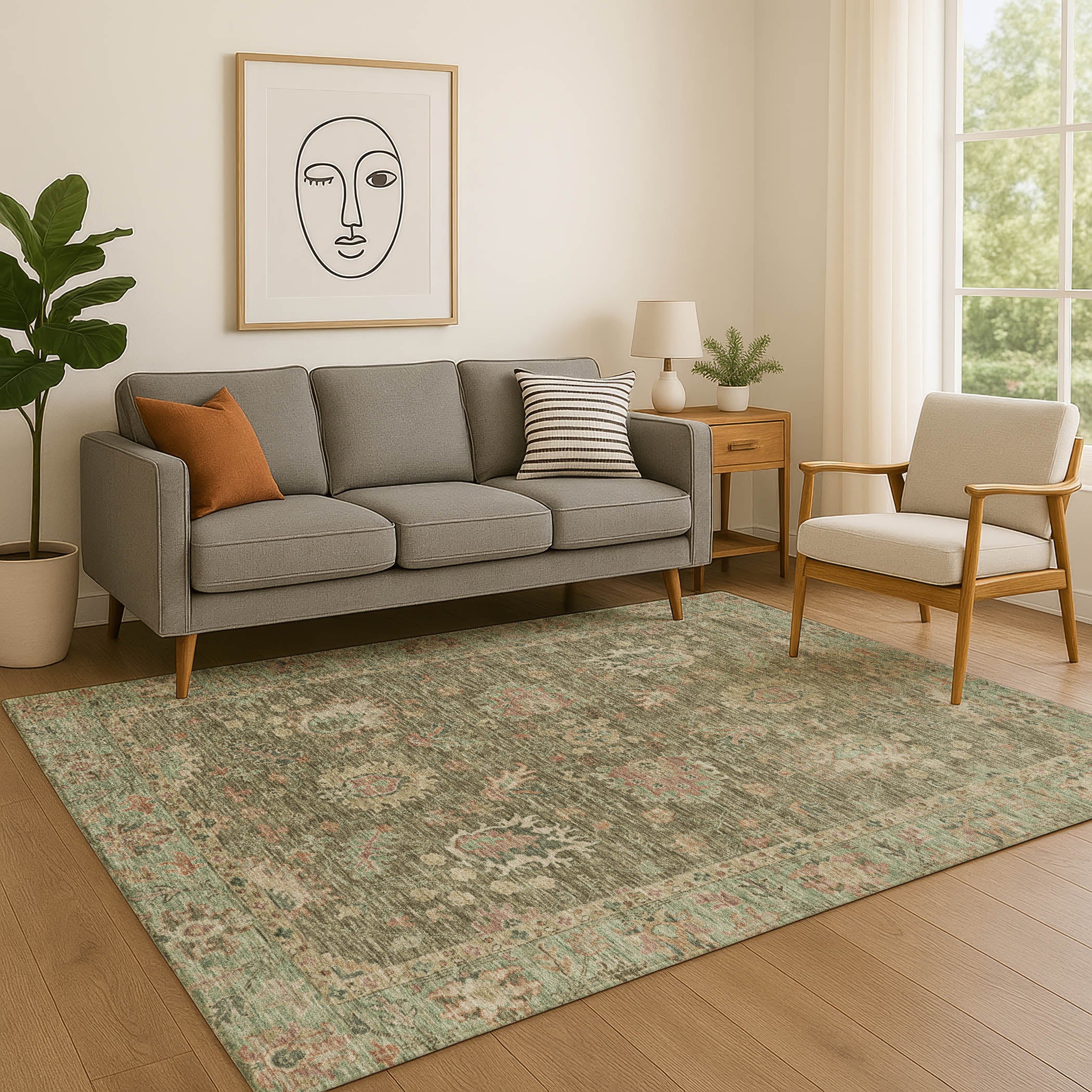 Havana Machine Washable Traditional Olive Green Rug 2'6" x 3'10" #shape_Rectangle