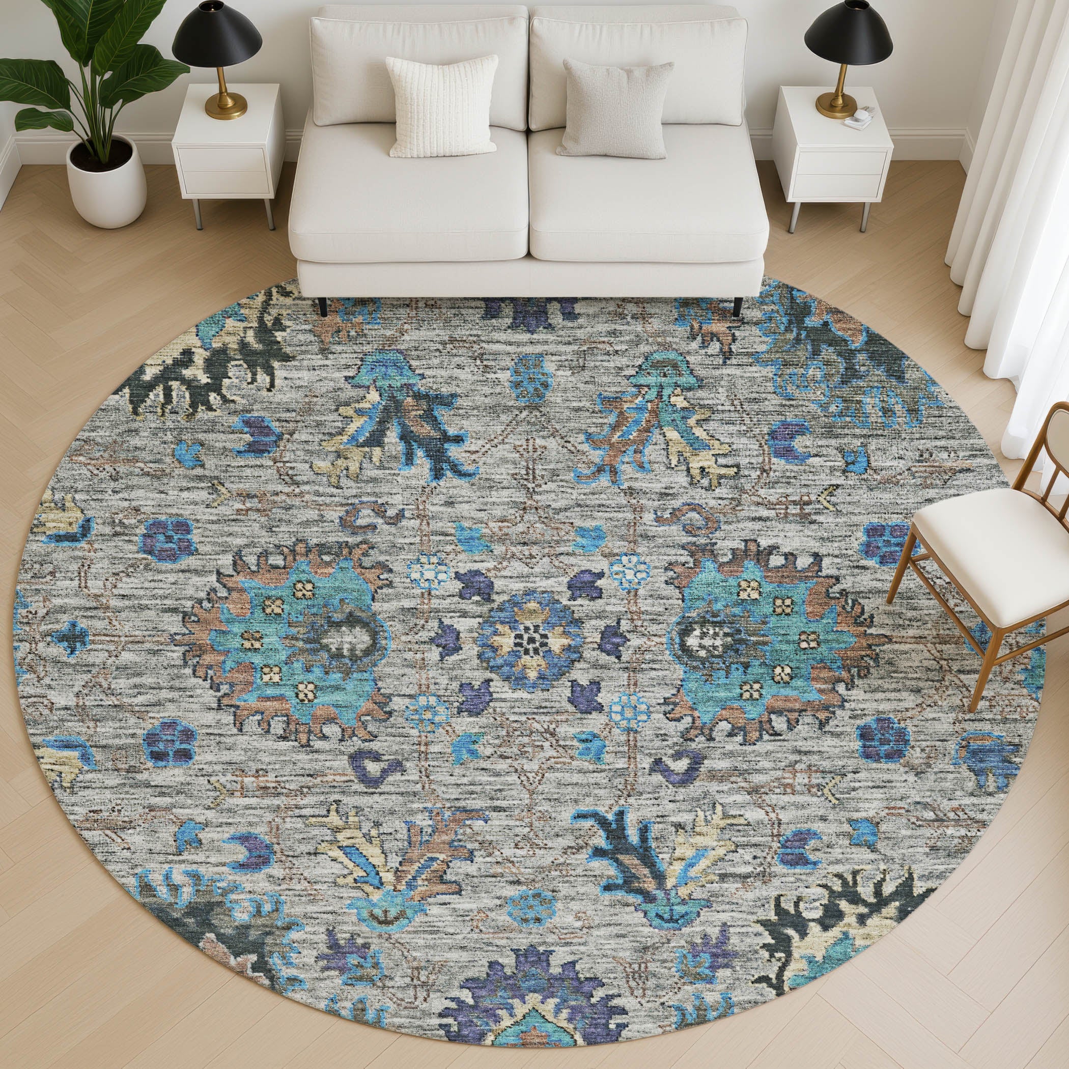 Havana Machine Washable Traditional Pewter Gray Rug 8' x 8' #shape_Round